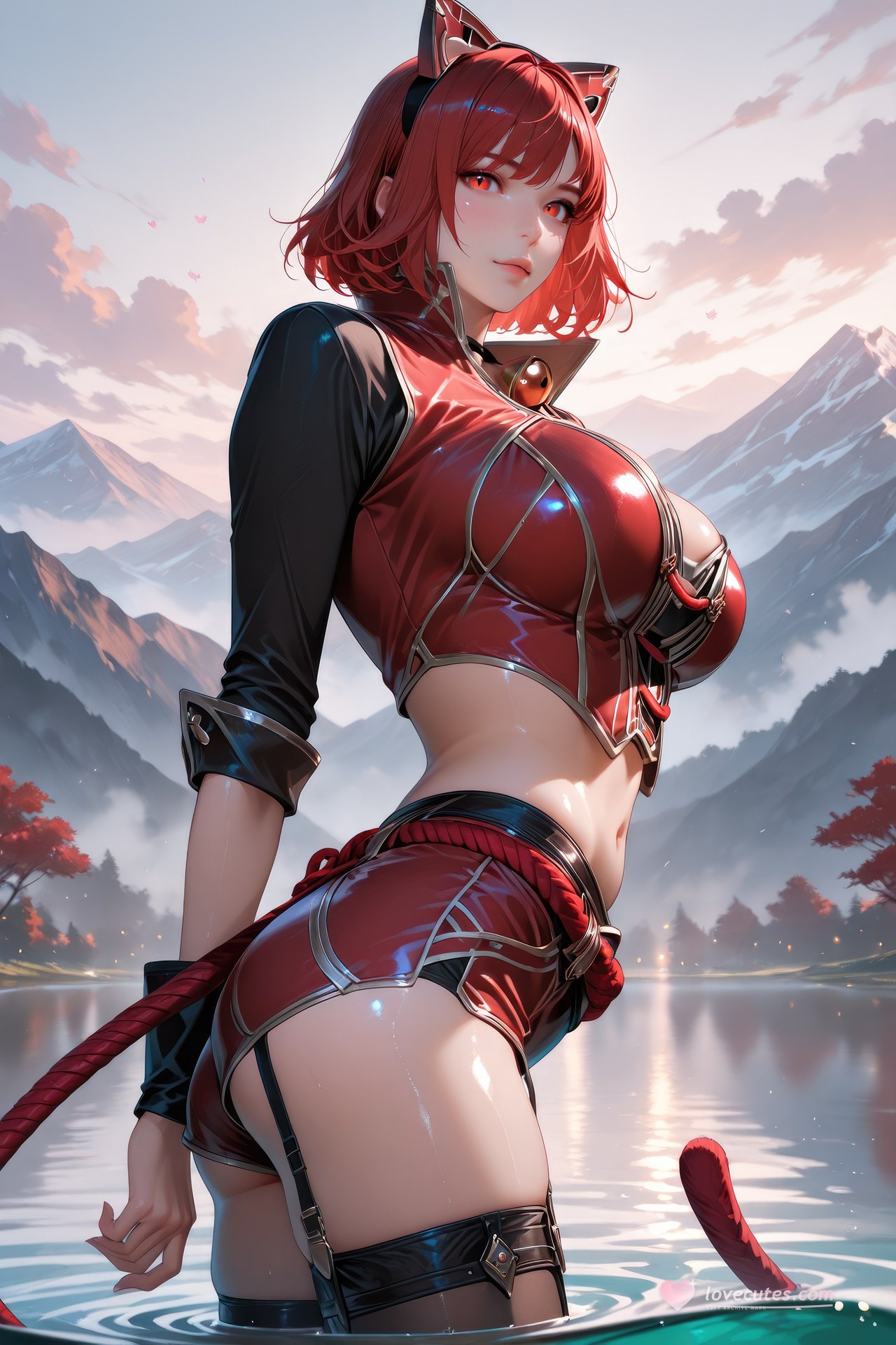 AI Generated Anime Girl - Douluo Dalu Catgirl 블랙 스타킹, 바디수트, 수영복, 비키니, 젖은 연출 AI 이미지 갤러리 752P