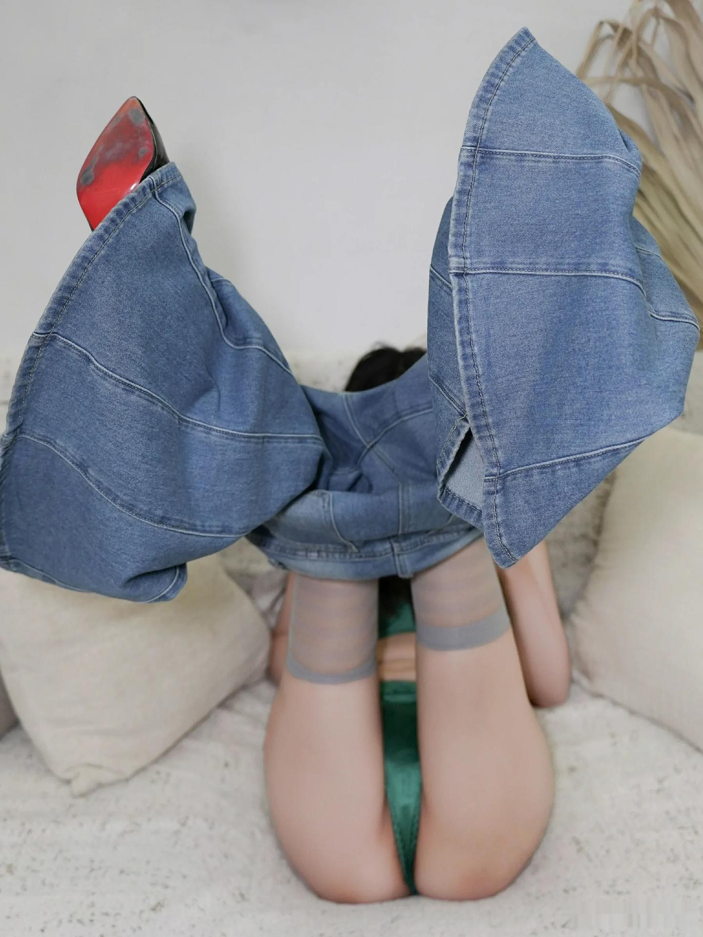 [Model Photo Set] Yuan Yuan - green lingerie denim shorts model set 87P