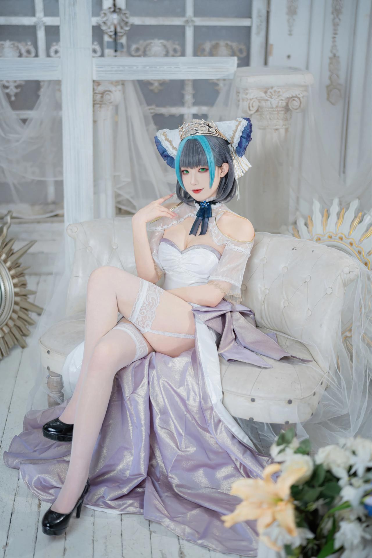 [cosplay] 封疆疆v - 碧藍航線 柴郡誓约禮服：白藍誓约禮服 貓耳白絲還原 18P