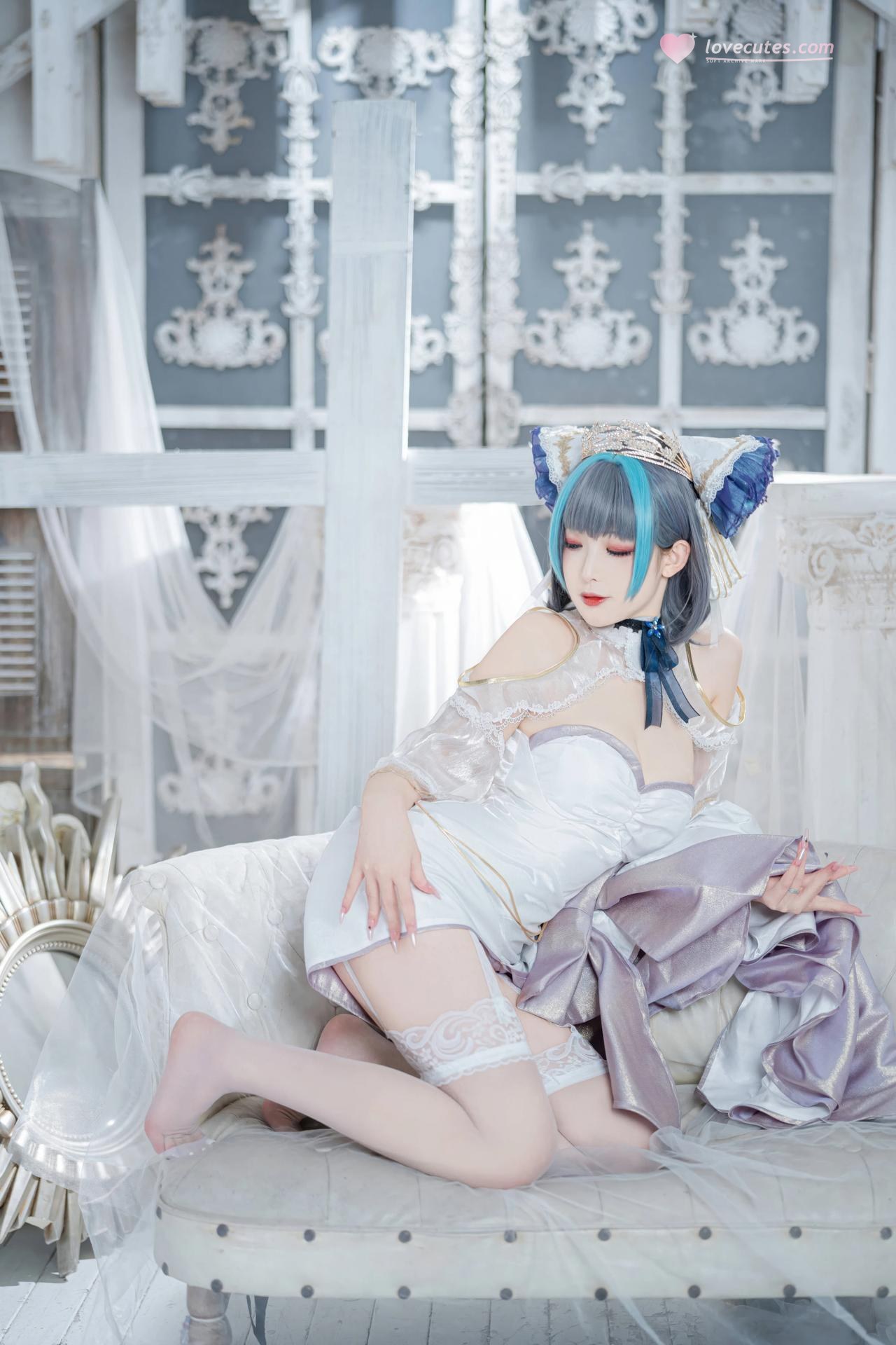 [cosplay] 封疆疆v - 碧藍航線 柴郡誓约禮服：白藍誓约禮服 貓耳白絲還原 18P