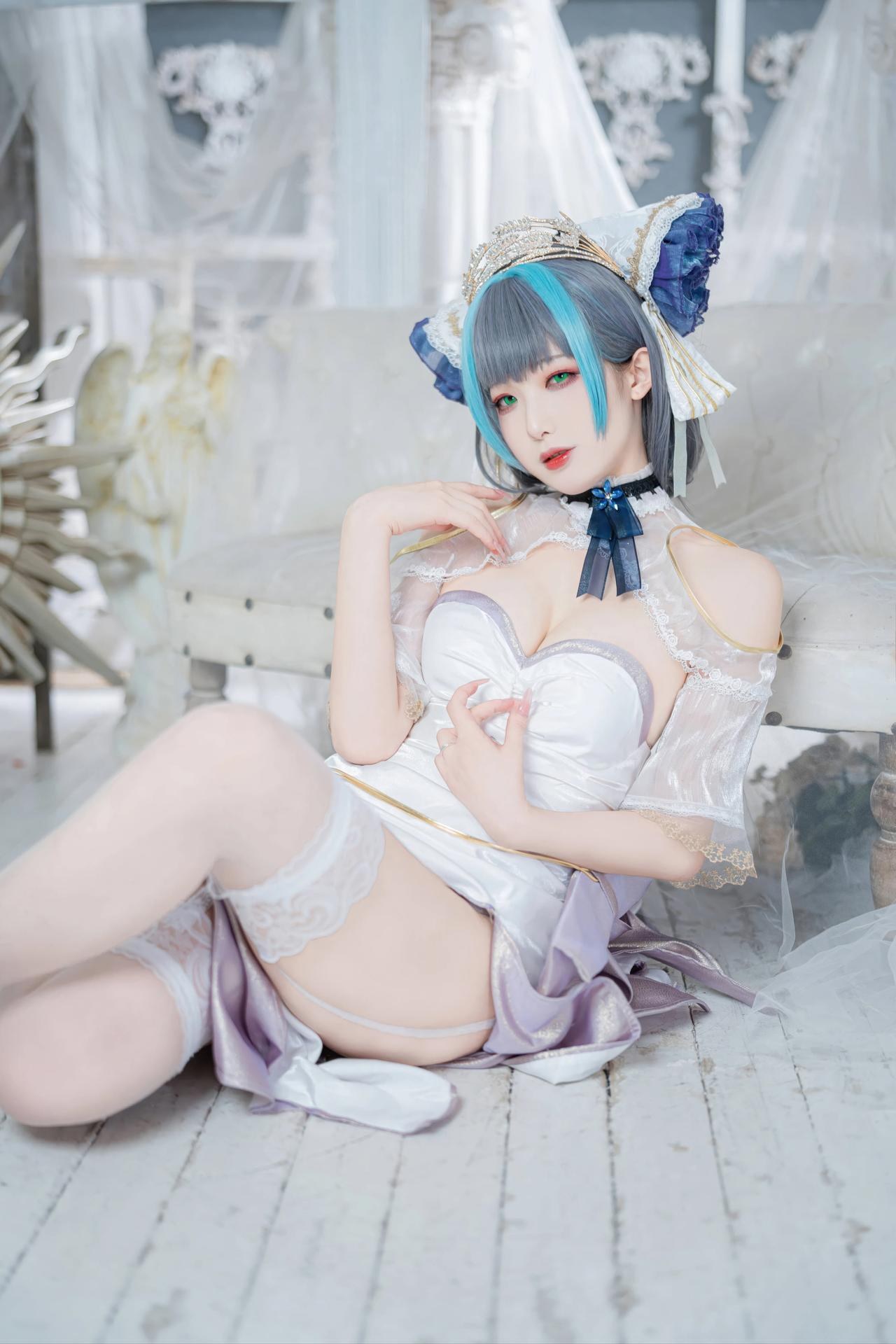 [cosplay] 封疆疆v - 碧藍航線 柴郡誓约禮服：白藍誓约禮服 貓耳白絲還原 18P