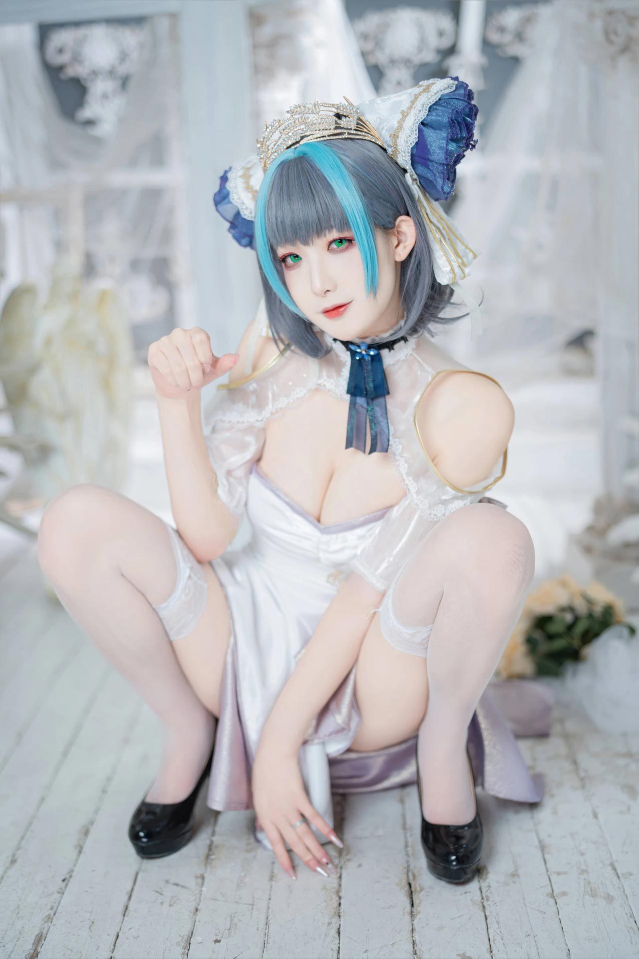 [cosplay] 封疆疆v - 碧藍航線 柴郡誓约禮服：白藍誓约禮服 貓耳白絲還原 18P