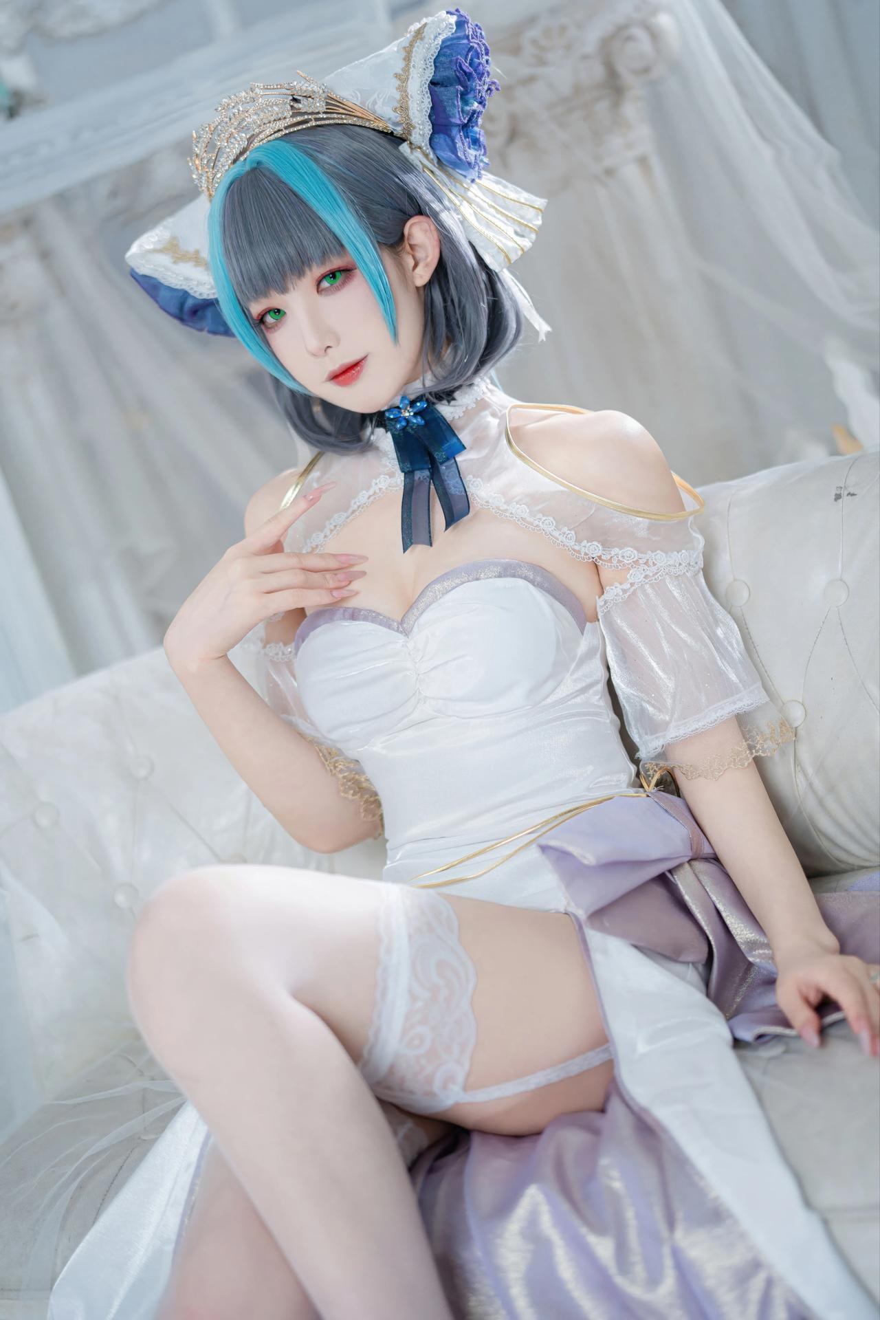 [cosplay] 封疆疆v - 碧蓝航线 柴郡誓约礼服：白蓝誓约礼服 猫耳白丝还原 18P