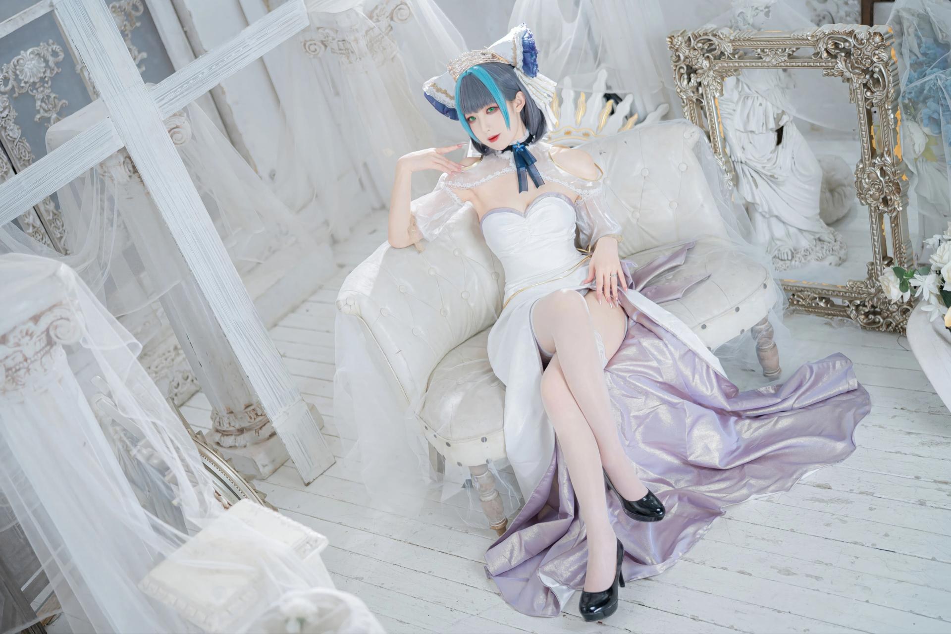 [cosplay] 封疆疆v - 碧蓝航线 柴郡誓约礼服：白蓝誓约礼服 猫耳白丝还原 18P