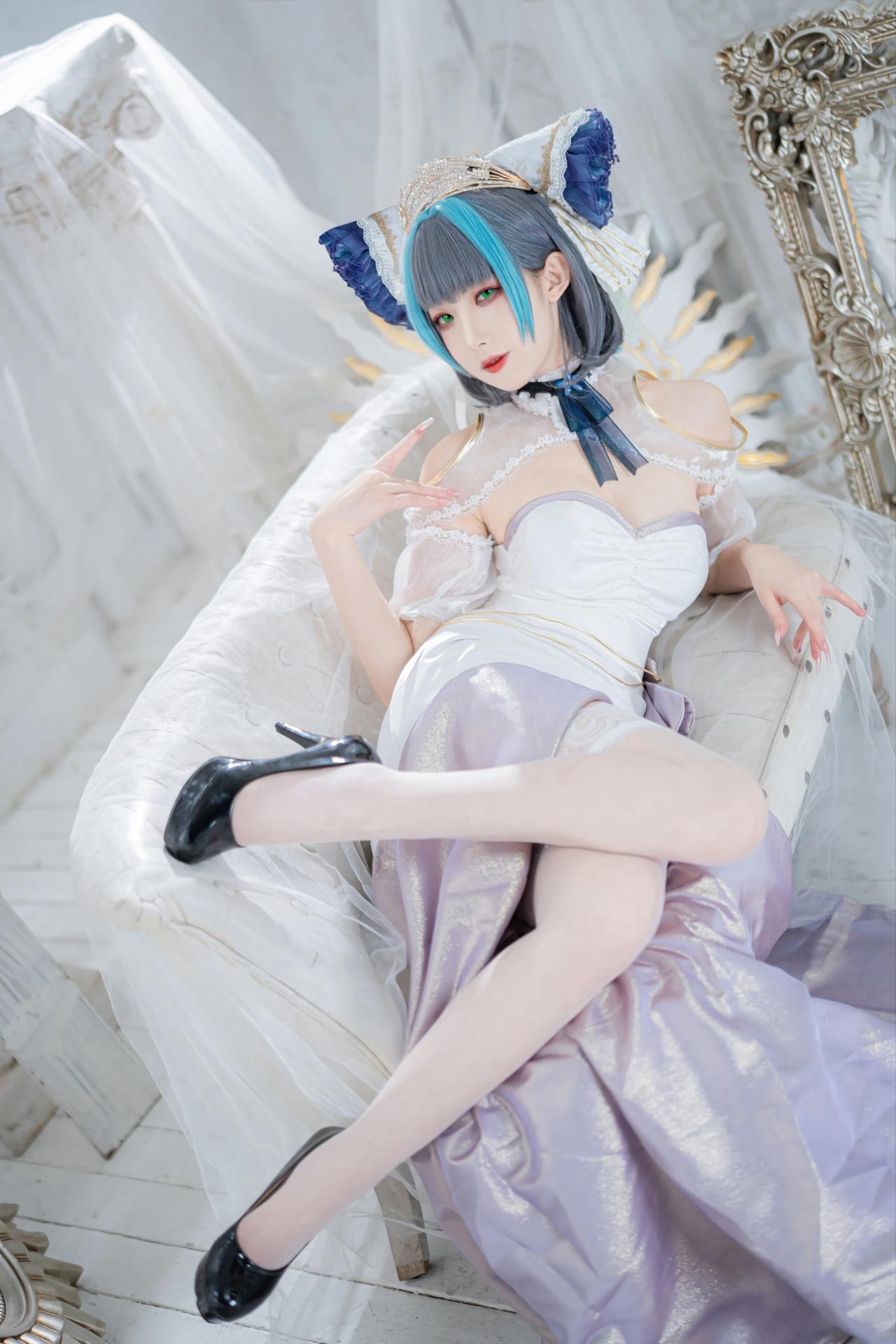 [cosplay] 封疆疆v - 碧蓝航线 柴郡誓约礼服：白蓝誓约礼服 猫耳白丝还原 18P
