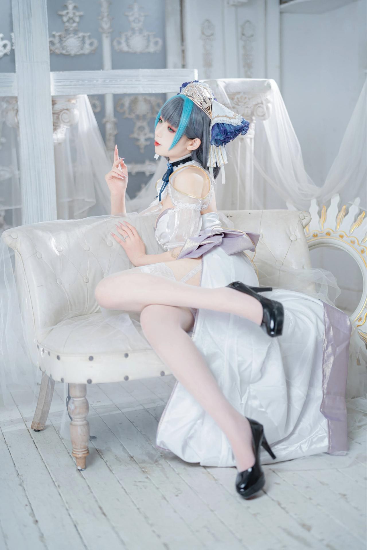 [cosplay] 封疆疆v - 碧蓝航线 柴郡誓约礼服：白蓝誓约礼服 猫耳白丝还原 18P