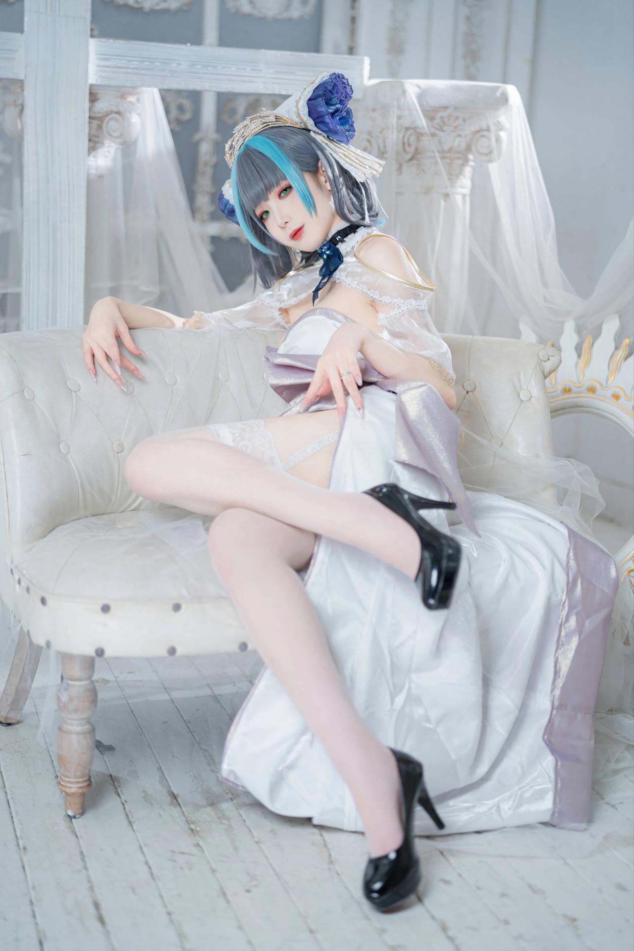 [cosplay] 封疆疆v - 碧蓝航线 柴郡誓约礼服：白蓝誓约礼服 猫耳白丝还原 18P