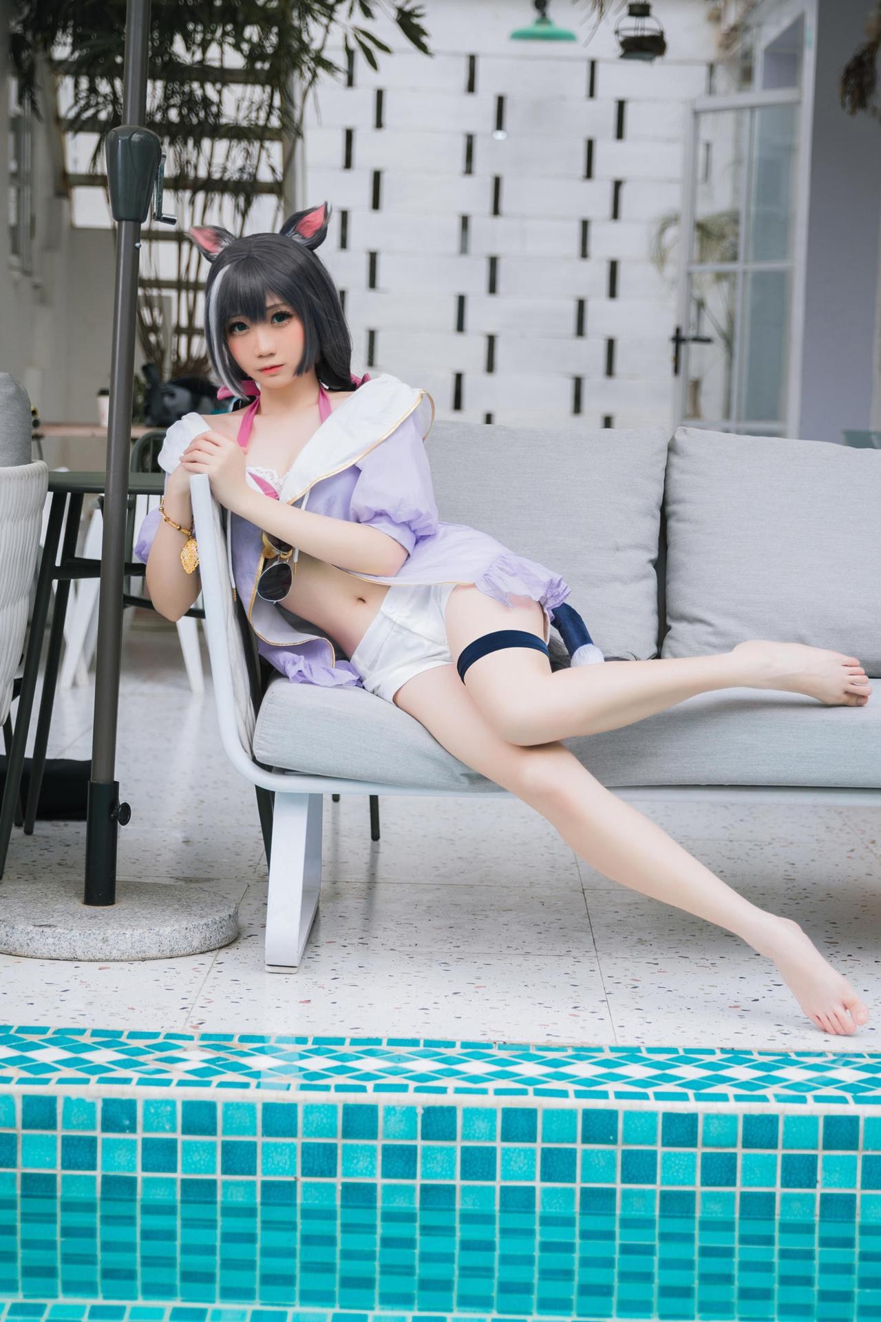 [コスプレ] 焖焖碳 - 公主连结 凯露泳装 黑猫泳装比基尼 美腿泳池还原 20P