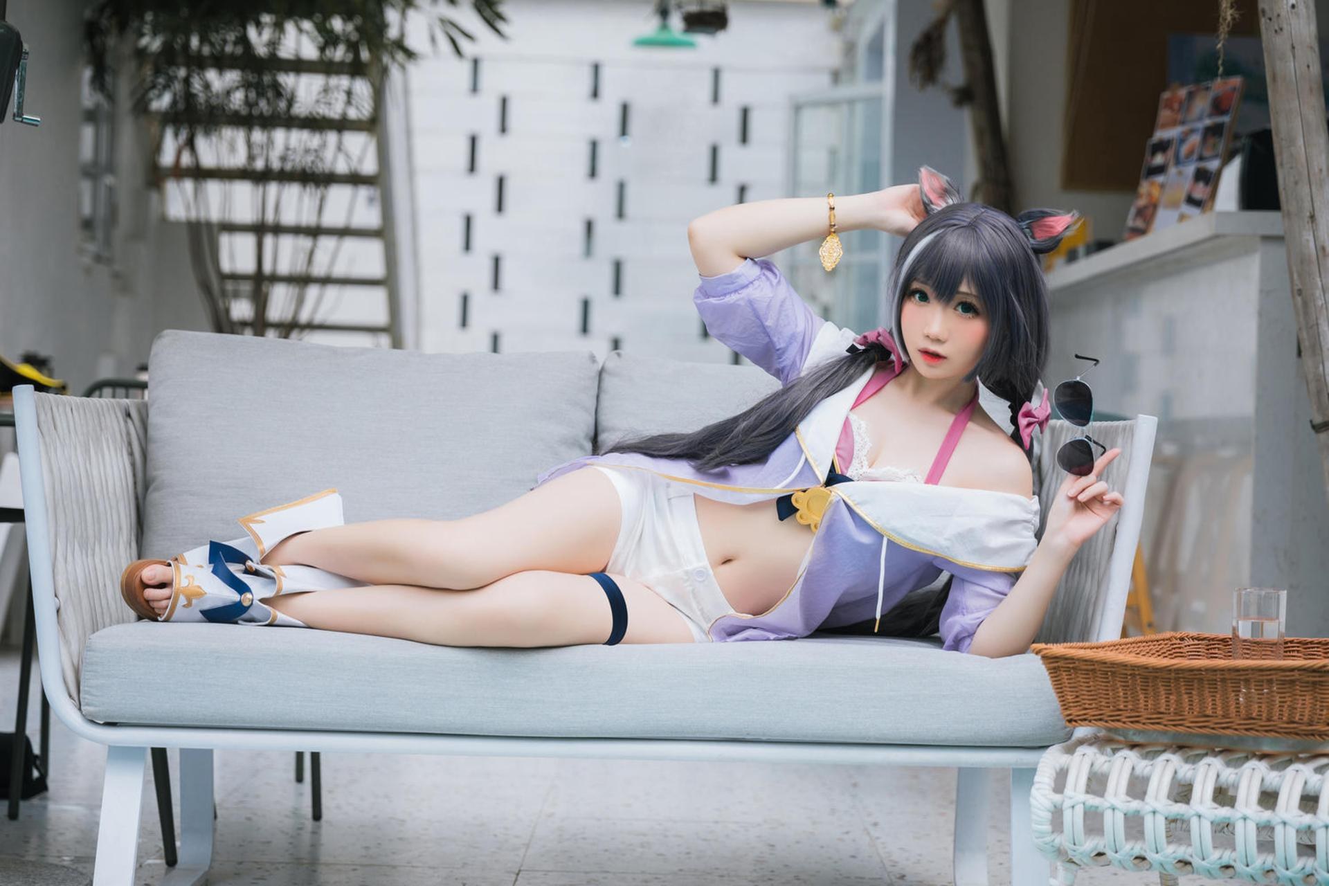 [コスプレ] 焖焖碳 - 公主连结 凯露泳装 黑猫泳装比基尼 美腿泳池还原 20P