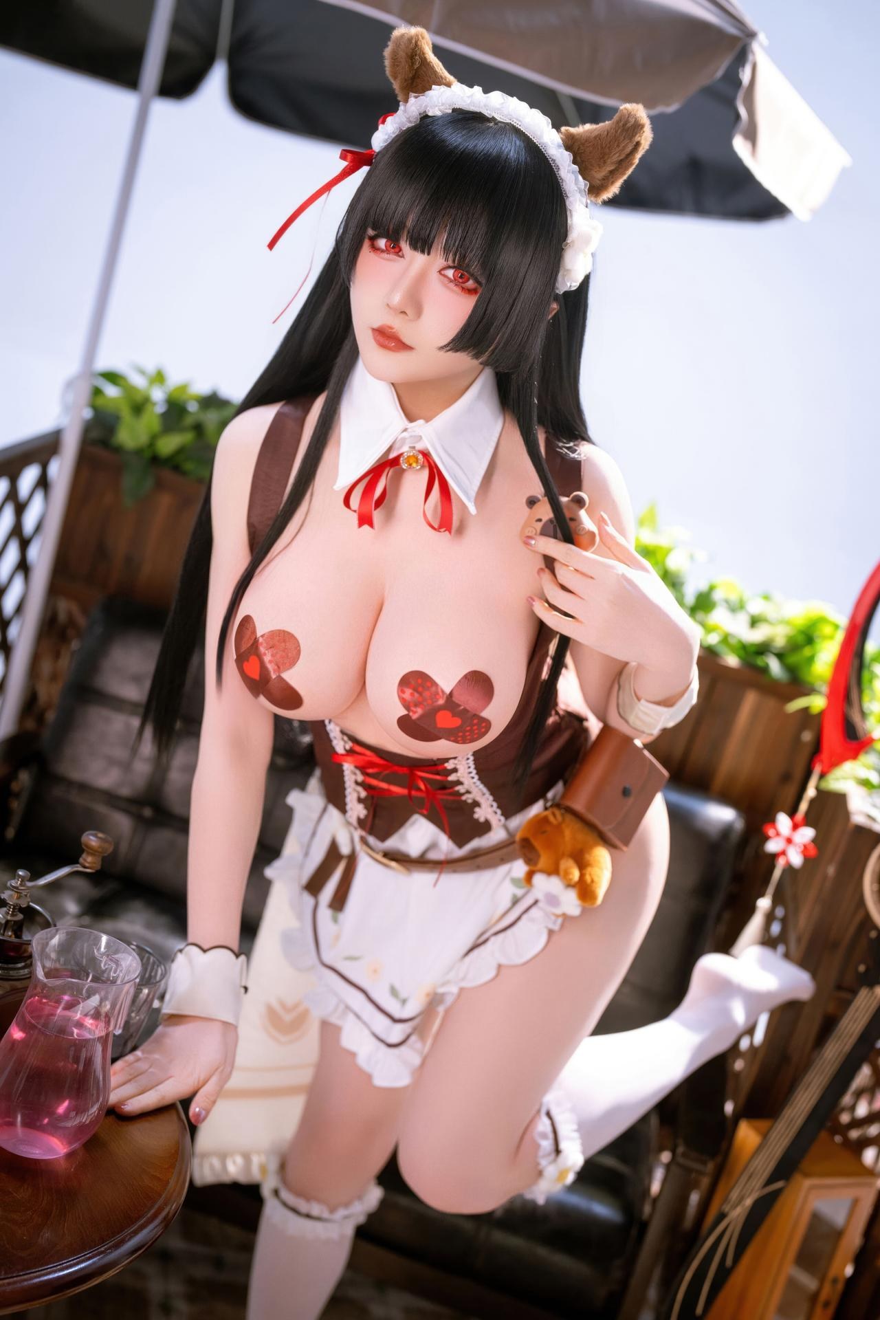[cosplay] 星之迟迟Hoshilily - 鳴潮 千咲·聯動咖啡女僕：咖啡女僕紅白造型 美腿還原 42P