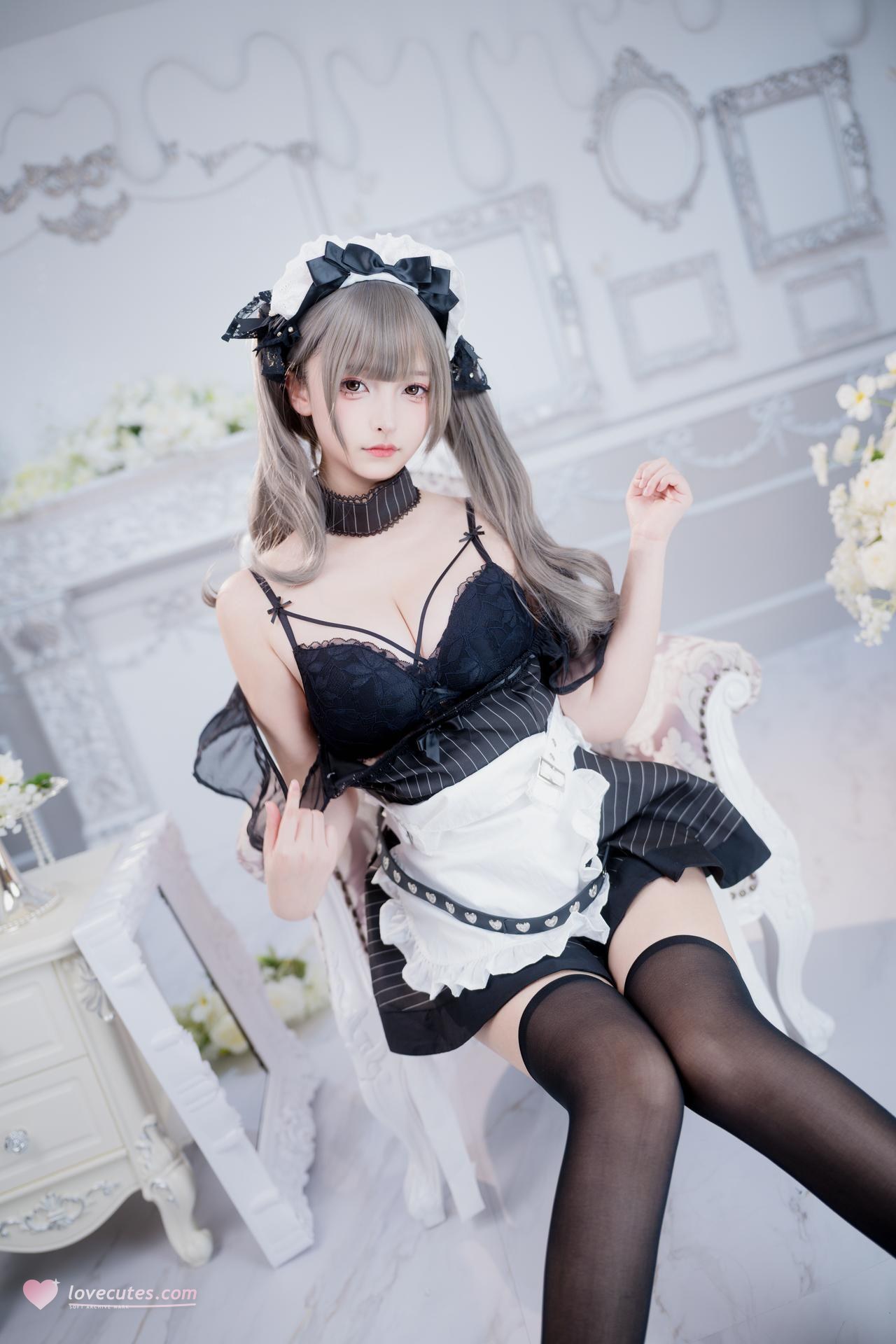 [Private Room] Kagurazaka Mafuyu - MissKON coser private-room photos, maid, black stockings, lingerie 75P2V