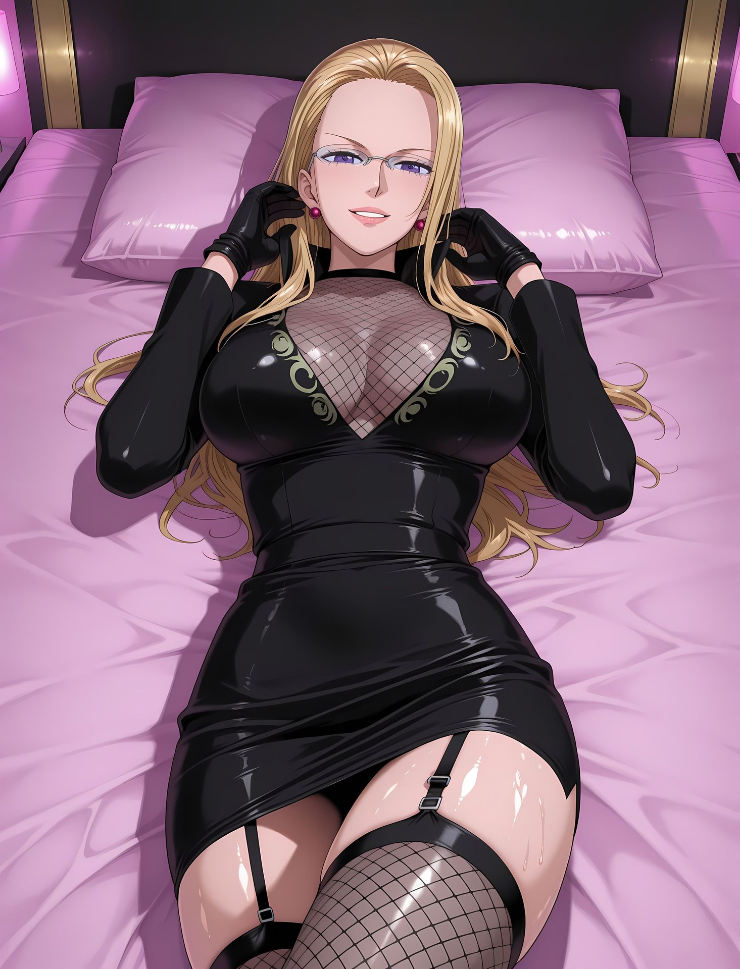 AI Porn - One Piece Kalifa 블랙 스타킹 바디수트 유니폼 젖은 연출 AI 이미지 갤러리 189P