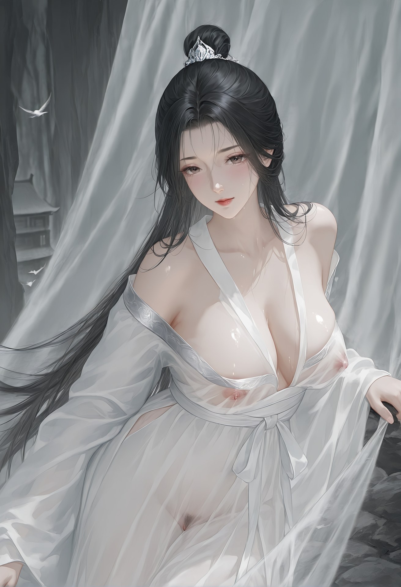 AI Porn - Xiaolongnü white robe explicit nude white robe styling, sheer costume detail, explicit nude detail AI Adult Gallery 48P