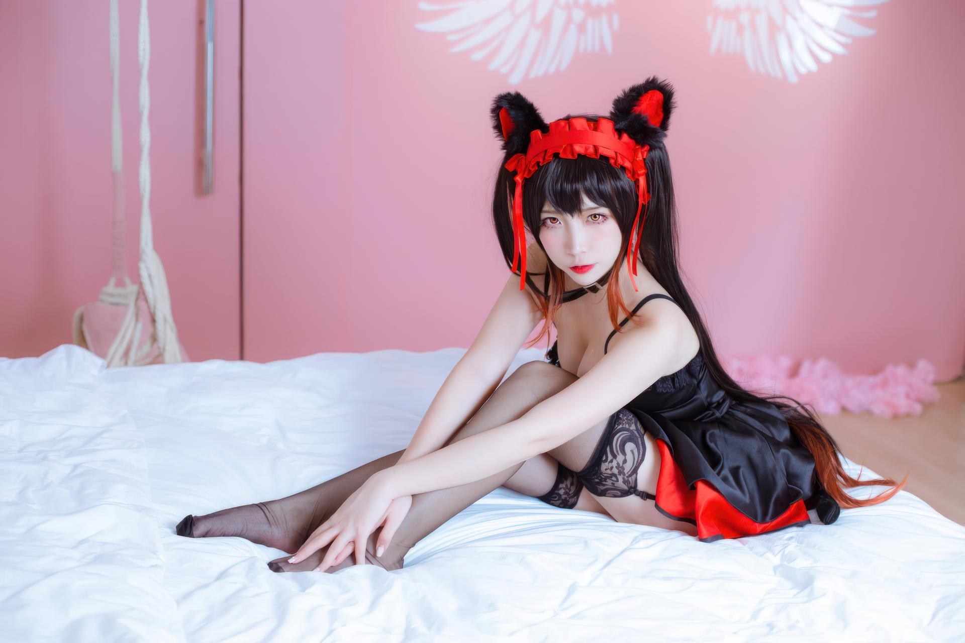 [cosplay] 二佐Nisa - 约会大作战 时崎狂三：猫咪猫耳黑丝角色还原 30P