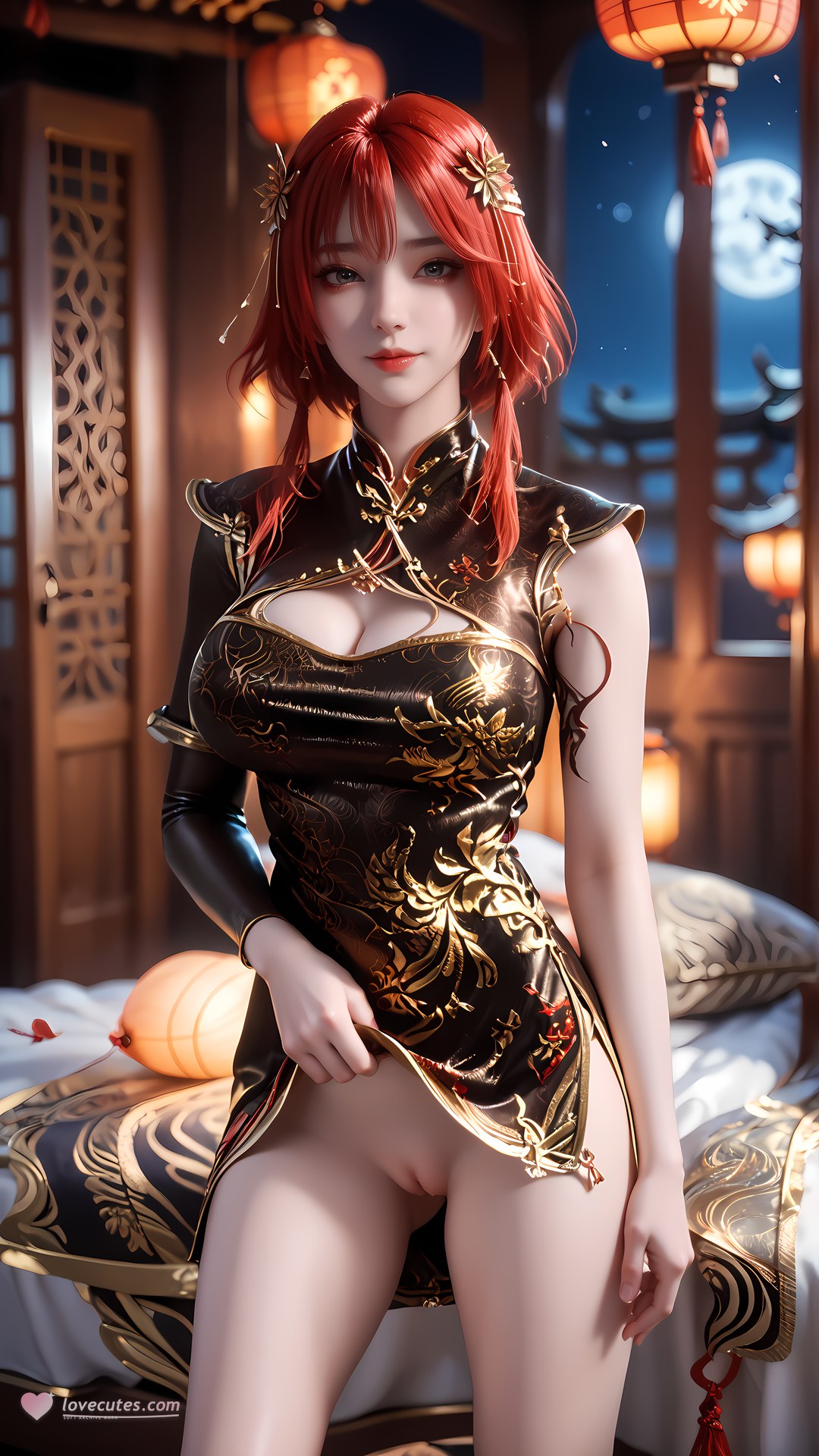 AI Porn - 백련성신 주완 블랙 골드 치파오 노출 누드 블랙 골드 치파오, 침실 포즈, 노출 누드 AI 이미지 갤러리 88P