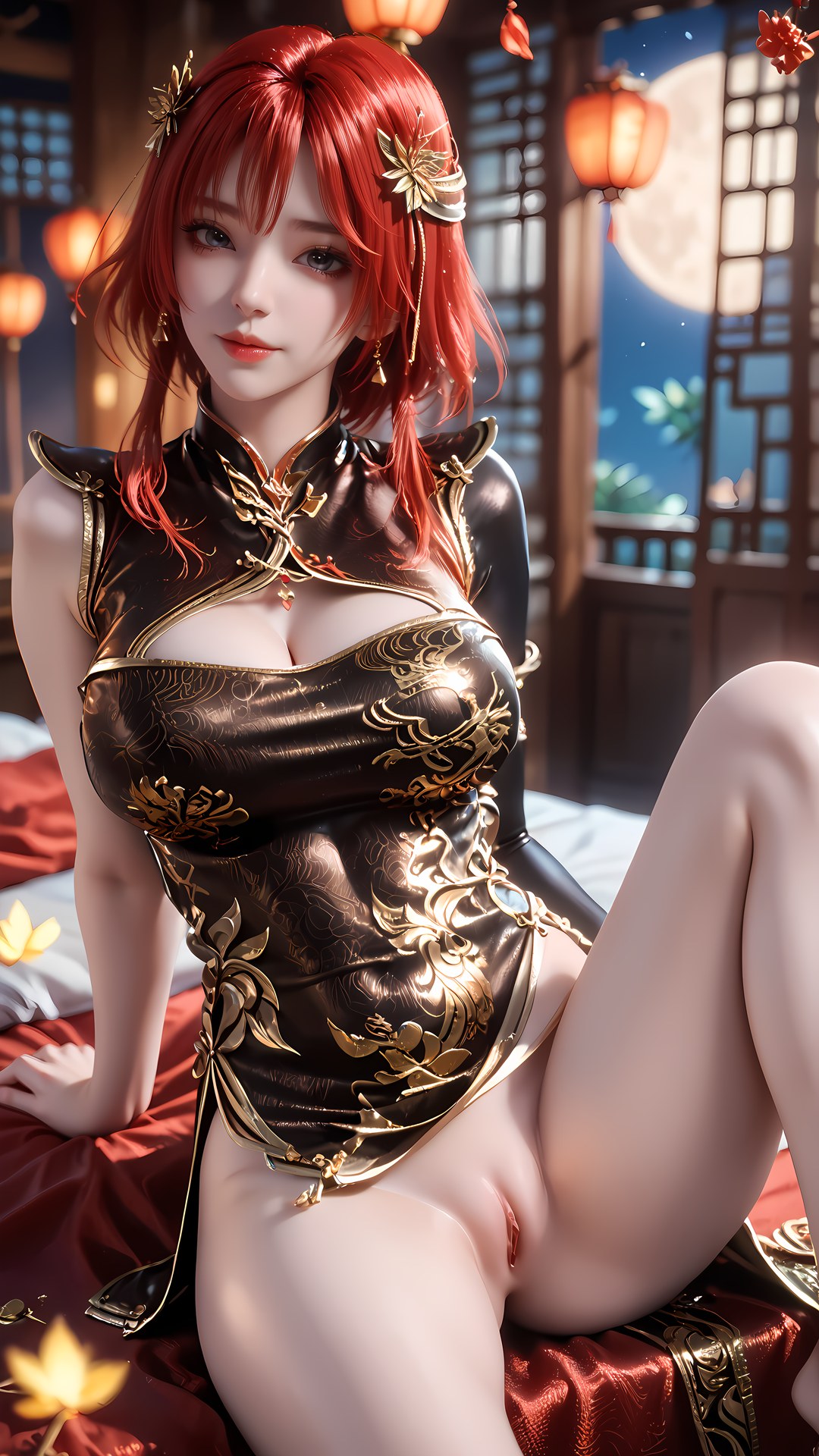 AI Porn - 백련성신 주완 블랙 골드 치파오 노출 누드 블랙 골드 치파오, 침실 포즈, 노출 누드 AI 이미지 갤러리 88P