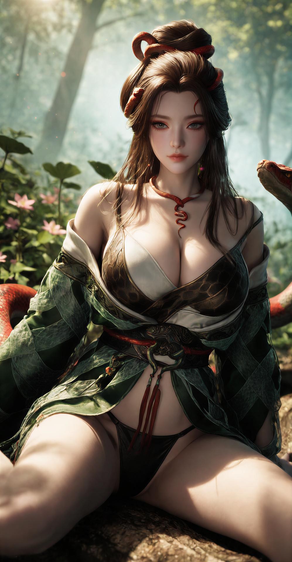 AI Porn - 용교남 숲 뱀 모티브 고전의상 상반신 노출 숲 장면, 뱀 모티브 고전의상, 상반신 노출 AI 이미지 갤러리 162P