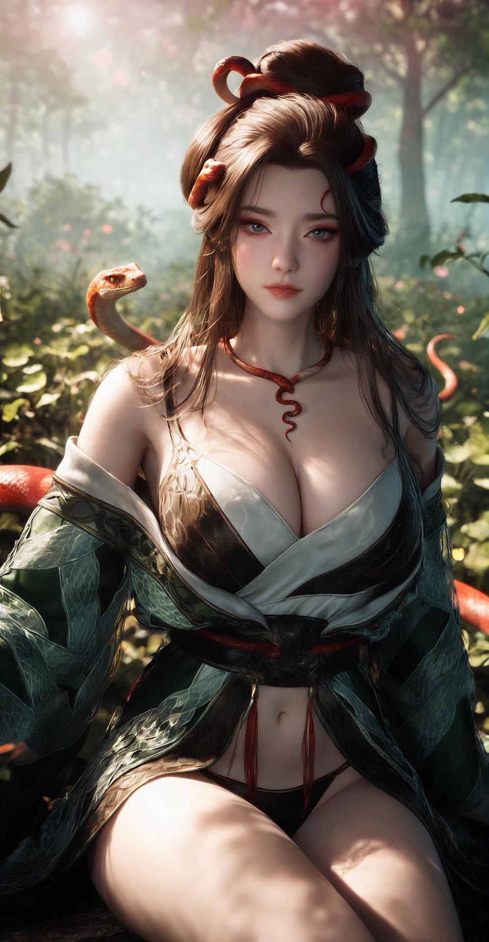AI Porn - 용교남 숲 뱀 모티브 고전의상 상반신 노출 숲 장면, 뱀 모티브 고전의상, 상반신 노출 AI 이미지 갤러리 162P