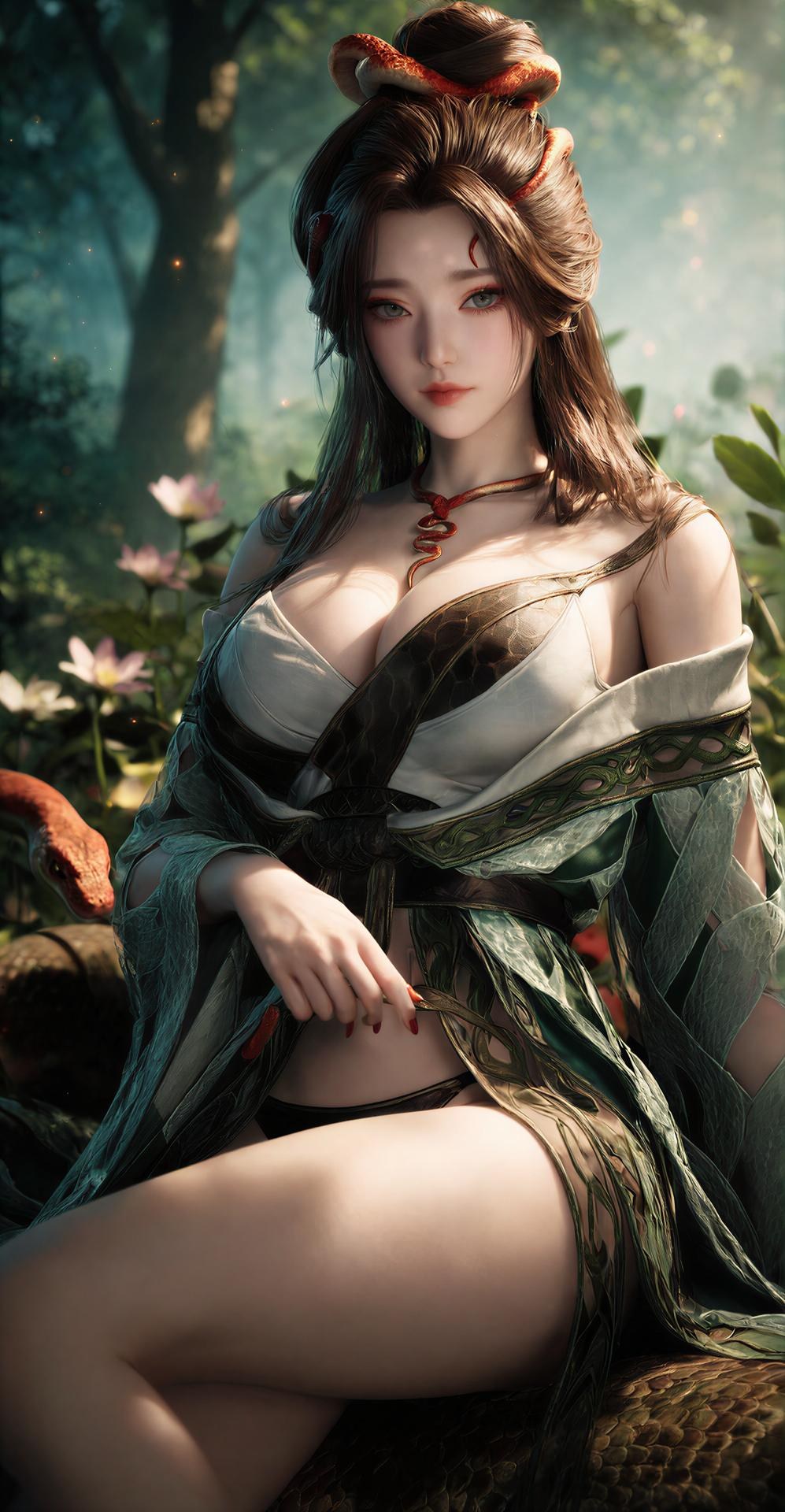 AI Porn - 용교남 숲 뱀 모티브 고전의상 상반신 노출 숲 장면, 뱀 모티브 고전의상, 상반신 노출 AI 이미지 갤러리 162P
