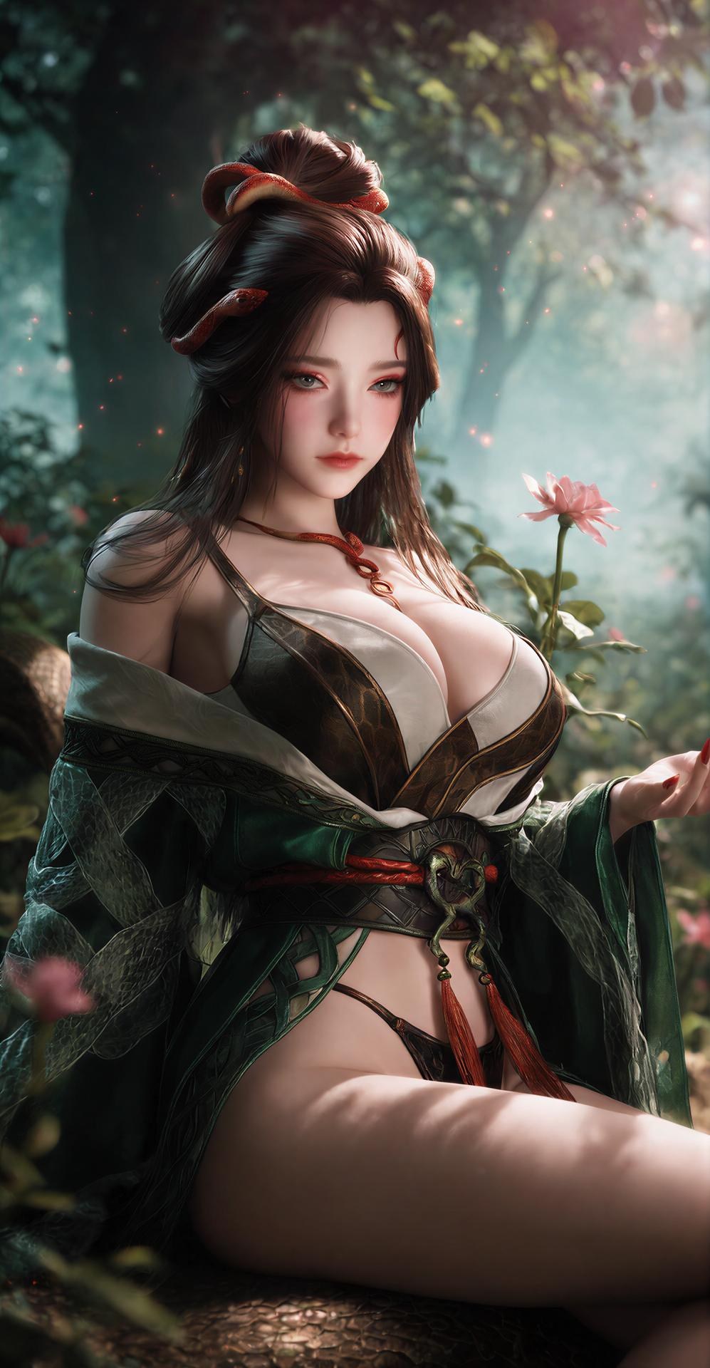 AI Porn - 용교남 숲 뱀 모티브 고전의상 상반신 노출 숲 장면, 뱀 모티브 고전의상, 상반신 노출 AI 이미지 갤러리 162P