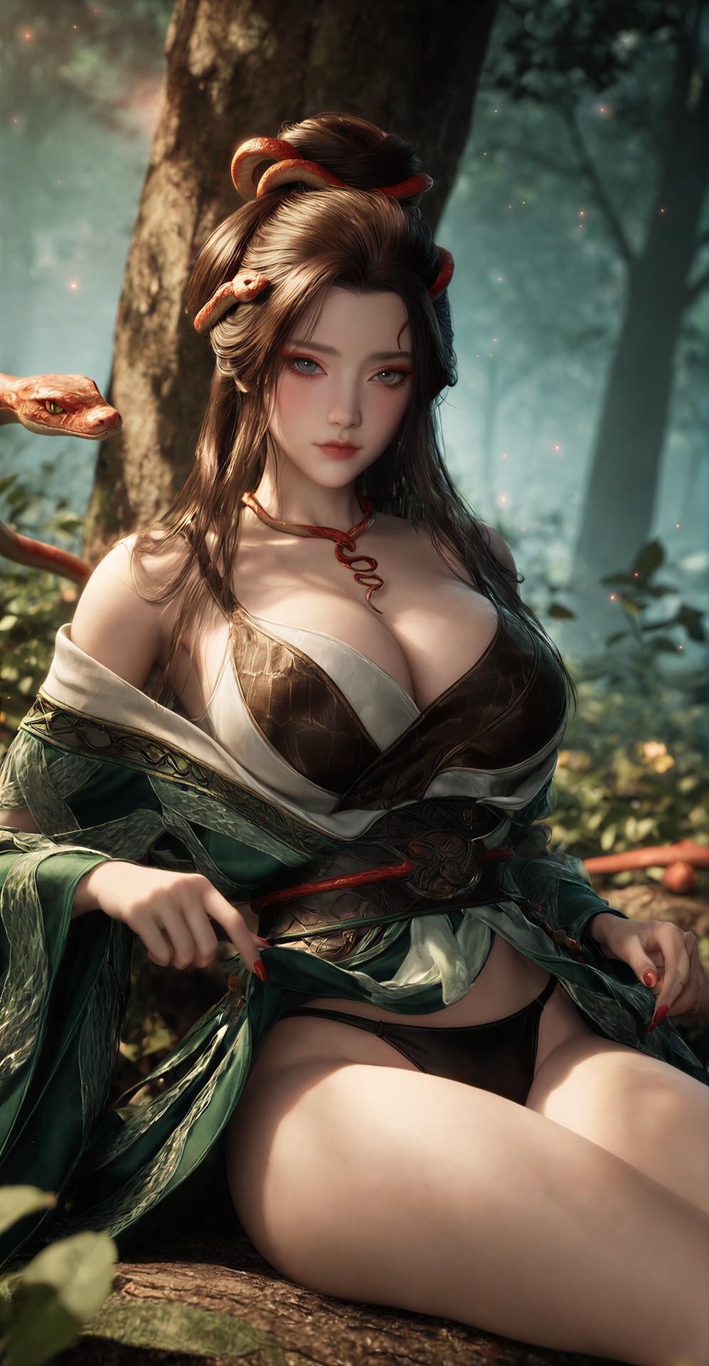 AI Porn - 용교남 숲 뱀 모티브 고전의상 상반신 노출 숲 장면, 뱀 모티브 고전의상, 상반신 노출 AI 이미지 갤러리 162P