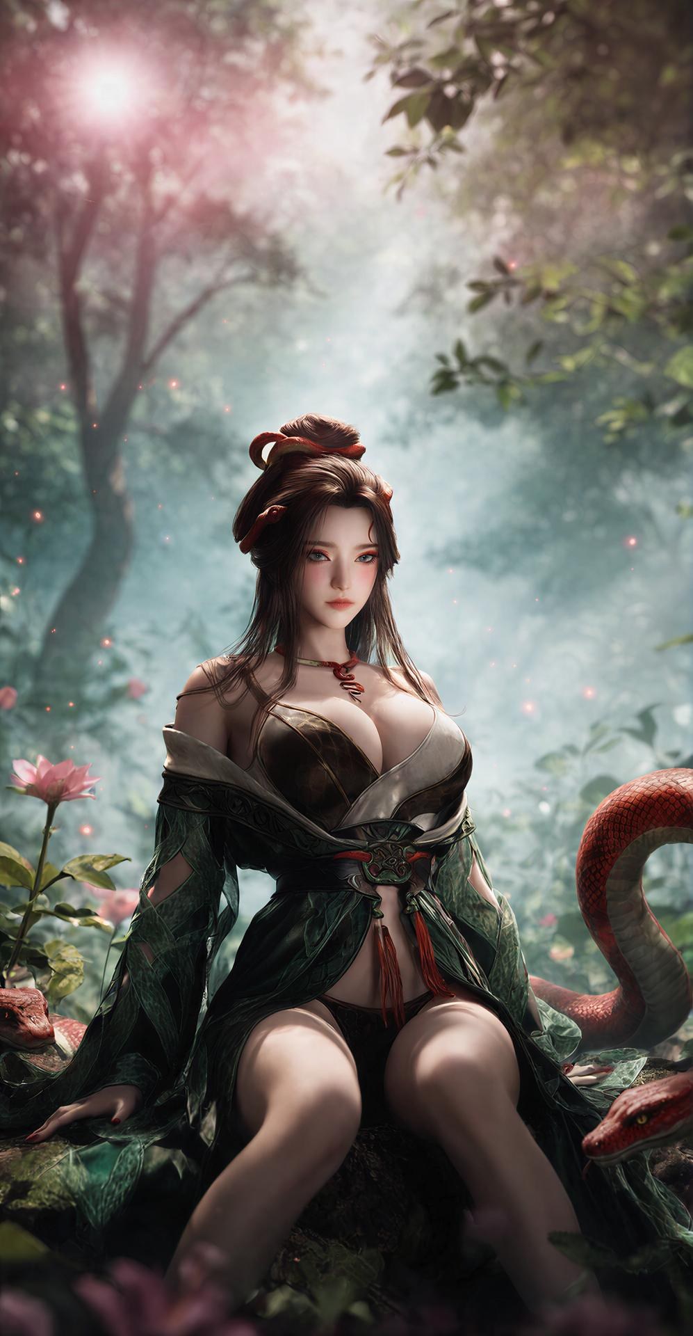 AI Porn - 용교남 숲 뱀 모티브 고전의상 상반신 노출 숲 장면, 뱀 모티브 고전의상, 상반신 노출 AI 이미지 갤러리 162P