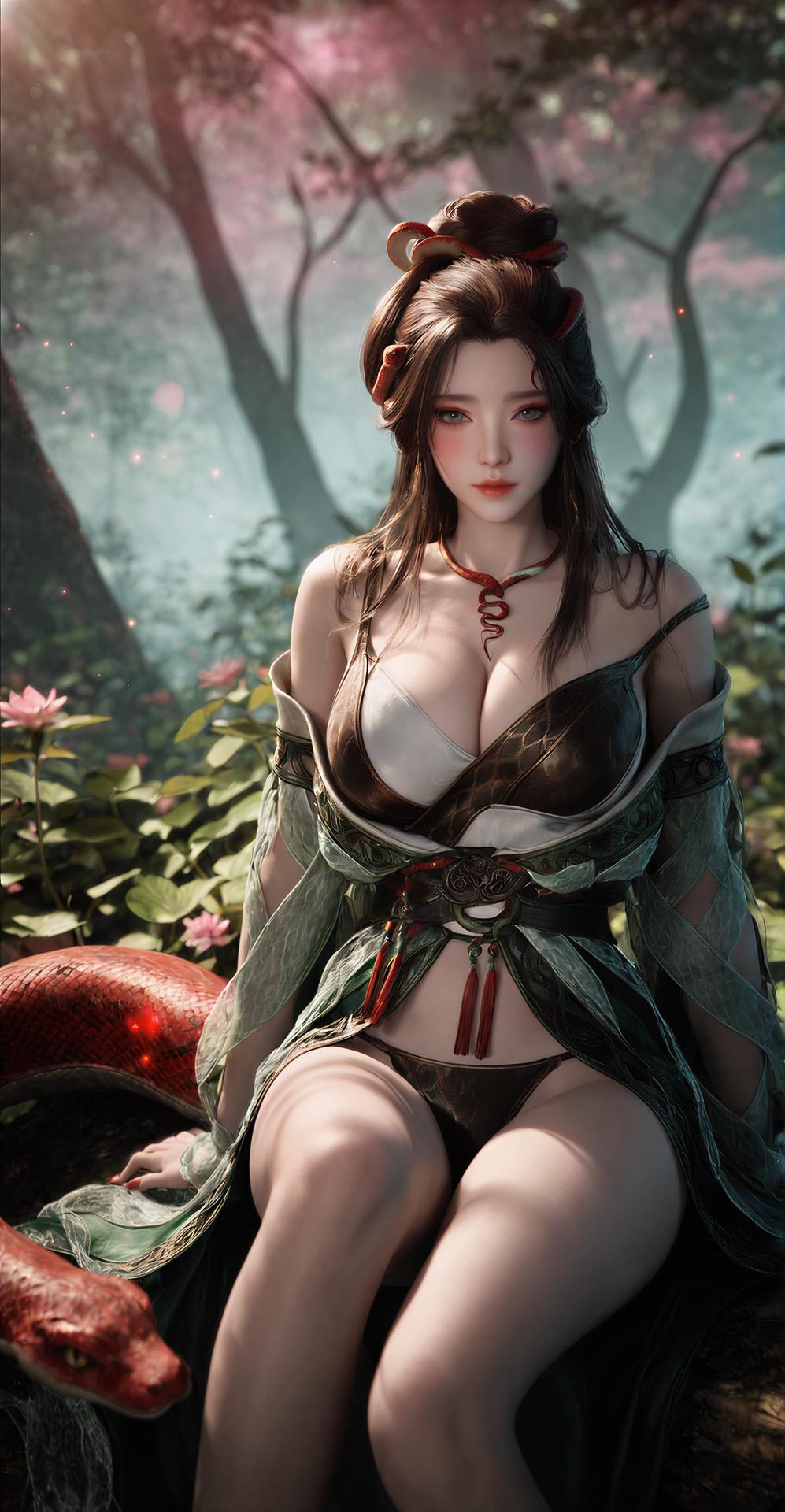 AI Porn - 용교남 숲 뱀 모티브 고전의상 상반신 노출 숲 장면, 뱀 모티브 고전의상, 상반신 노출 AI 이미지 갤러리 162P