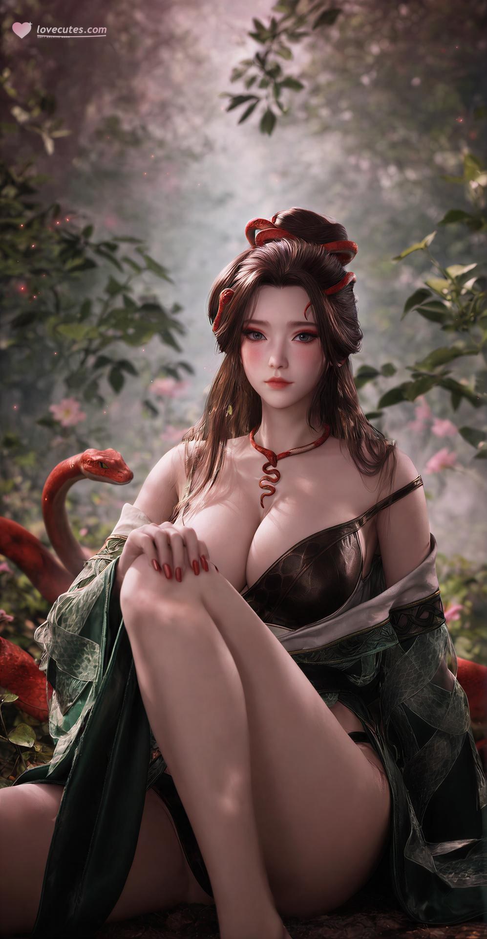 AI Porn - 용교남 숲 뱀 모티브 고전의상 상반신 노출 숲 장면, 뱀 모티브 고전의상, 상반신 노출 AI 이미지 갤러리 162P