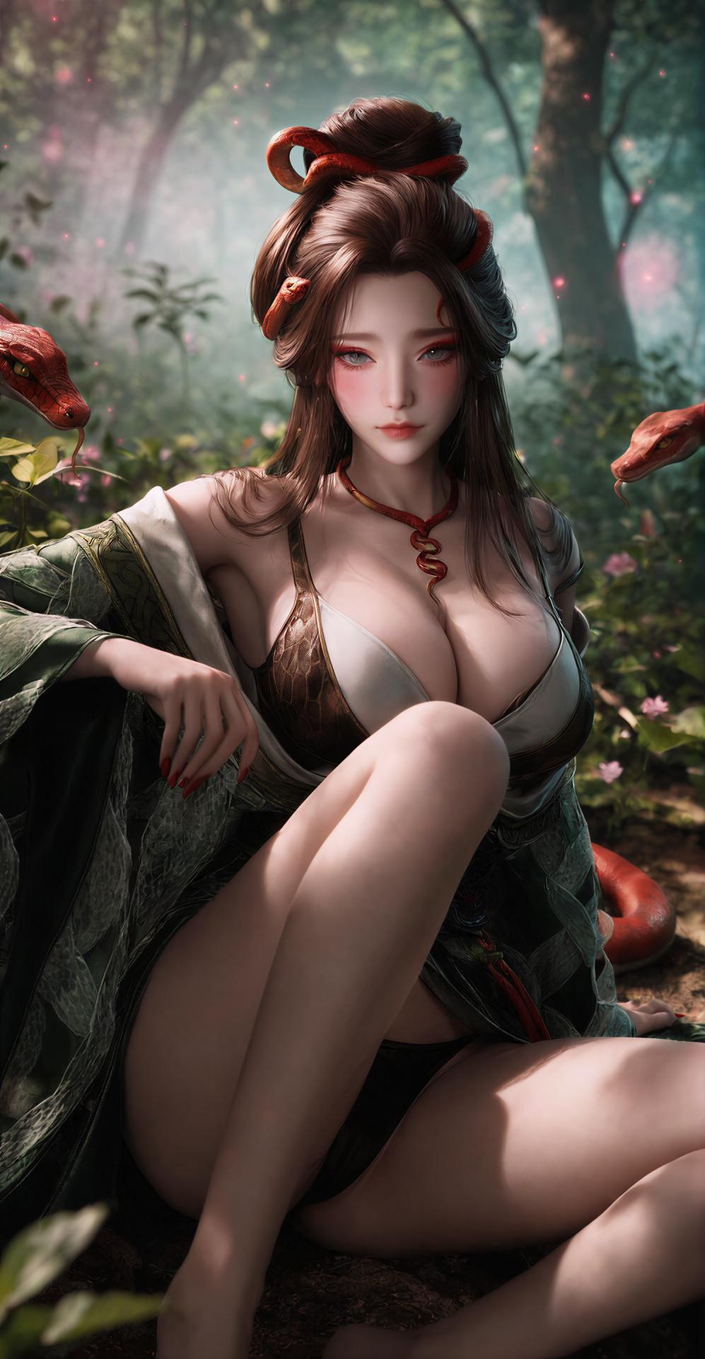 AI Porn - 용교남 숲 뱀 모티브 고전의상 상반신 노출 숲 장면, 뱀 모티브 고전의상, 상반신 노출 AI 이미지 갤러리 162P