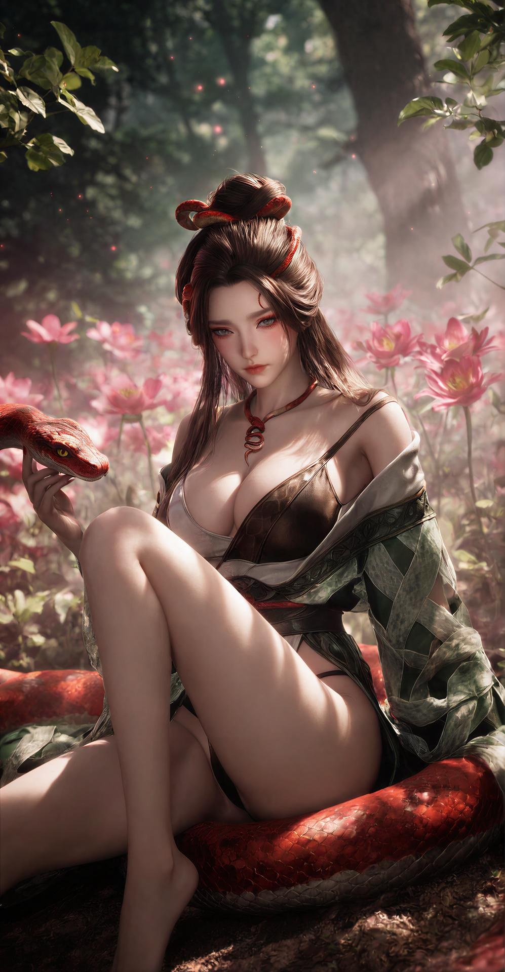 AI Porn - 용교남 숲 뱀 모티브 고전의상 상반신 노출 숲 장면, 뱀 모티브 고전의상, 상반신 노출 AI 이미지 갤러리 162P