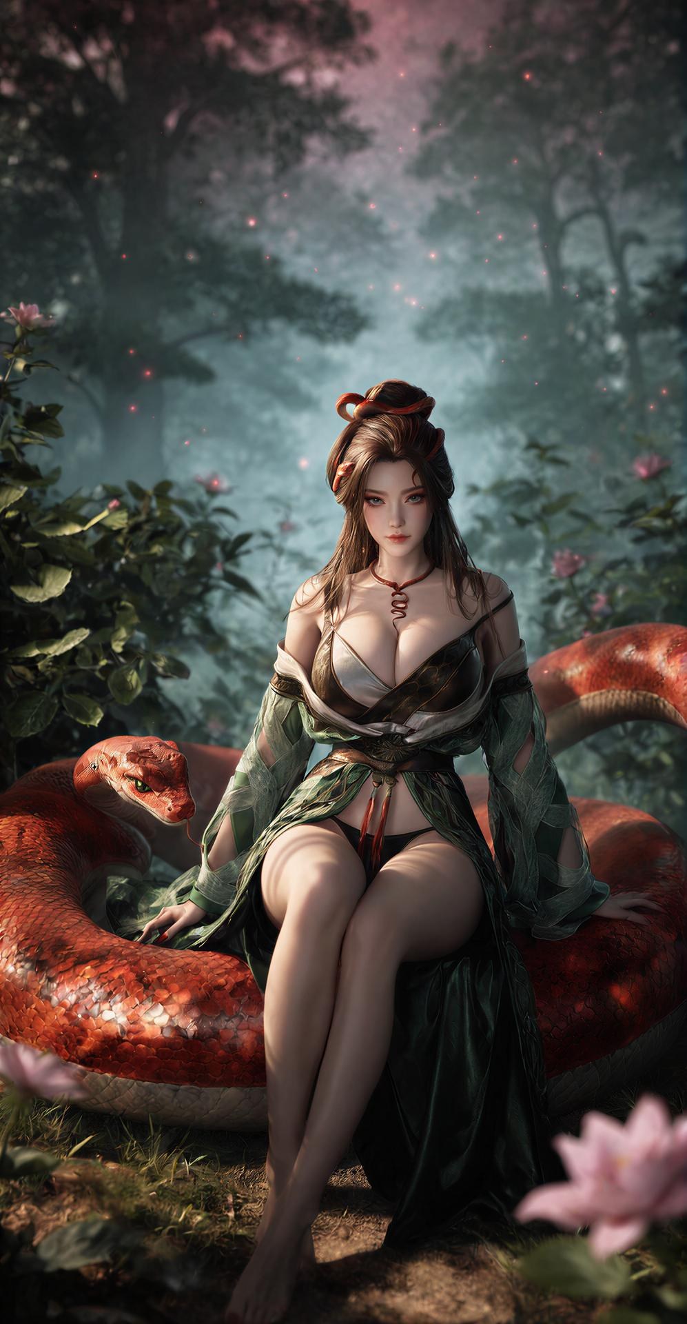 AI Porn - 용교남 숲 뱀 모티브 고전의상 상반신 노출 숲 장면, 뱀 모티브 고전의상, 상반신 노출 AI 이미지 갤러리 162P