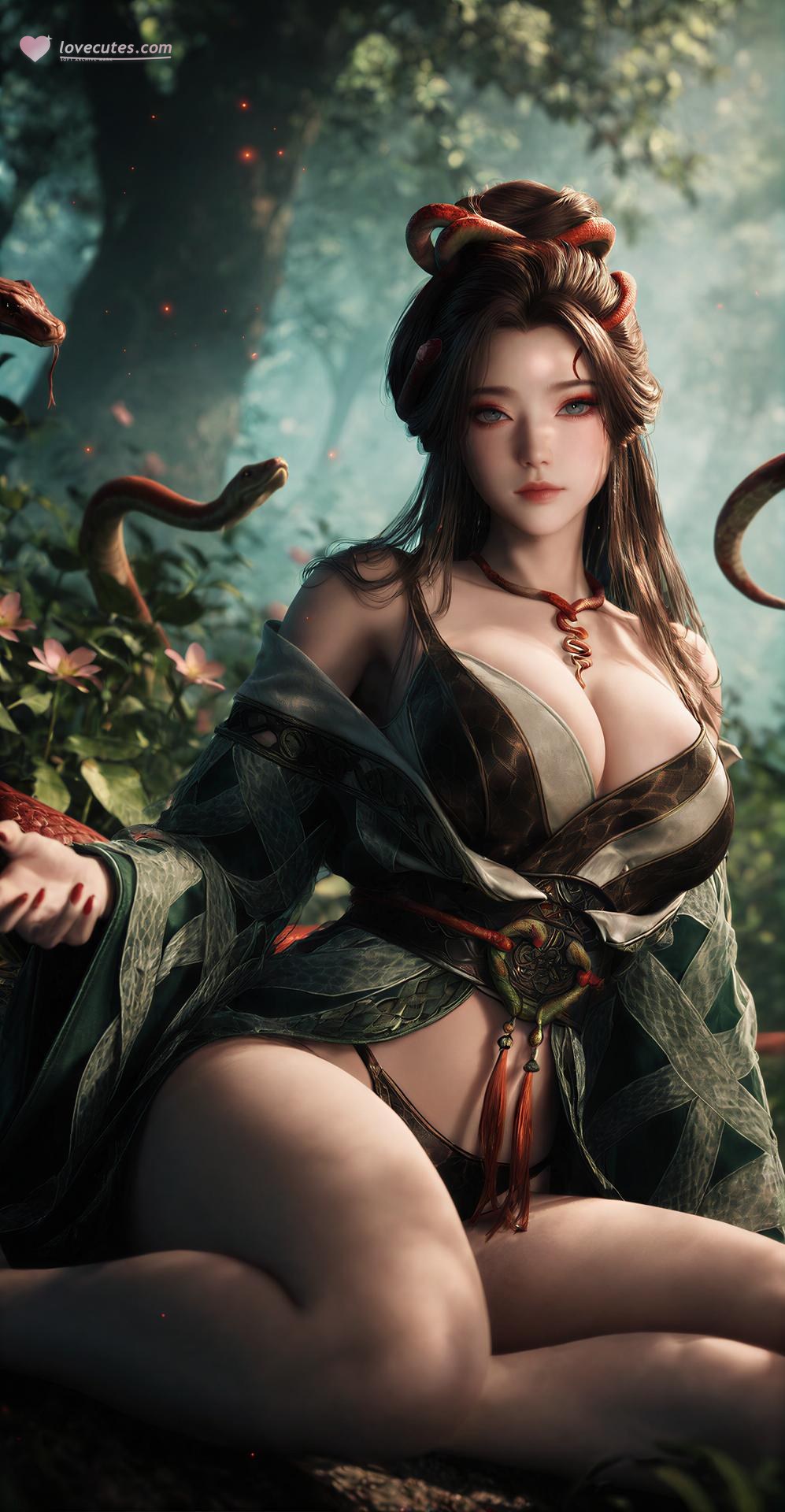AI Porn - 용교남 숲 뱀 모티브 고전의상 상반신 노출 숲 장면, 뱀 모티브 고전의상, 상반신 노출 AI 이미지 갤러리 162P