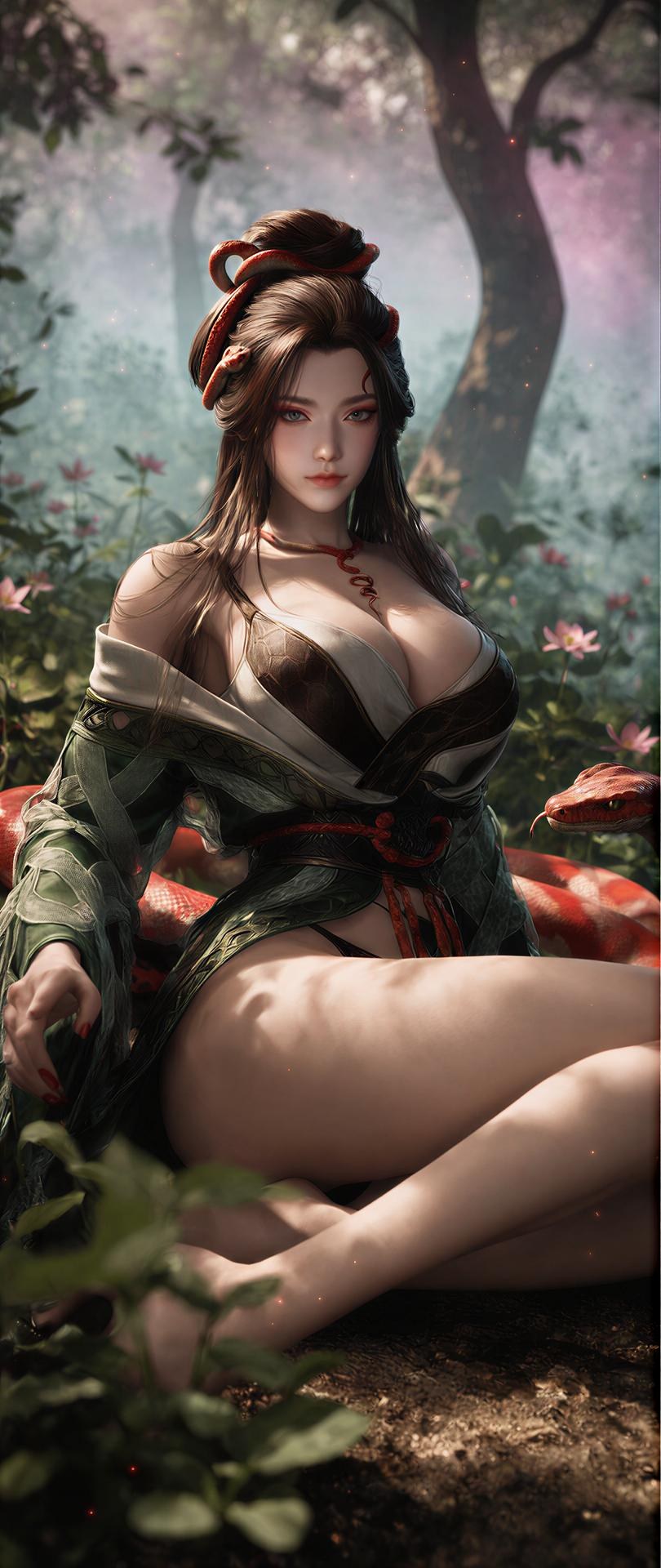 AI Porn - 용교남 숲 뱀 모티브 고전의상 상반신 노출 숲 장면, 뱀 모티브 고전의상, 상반신 노출 AI 이미지 갤러리 162P