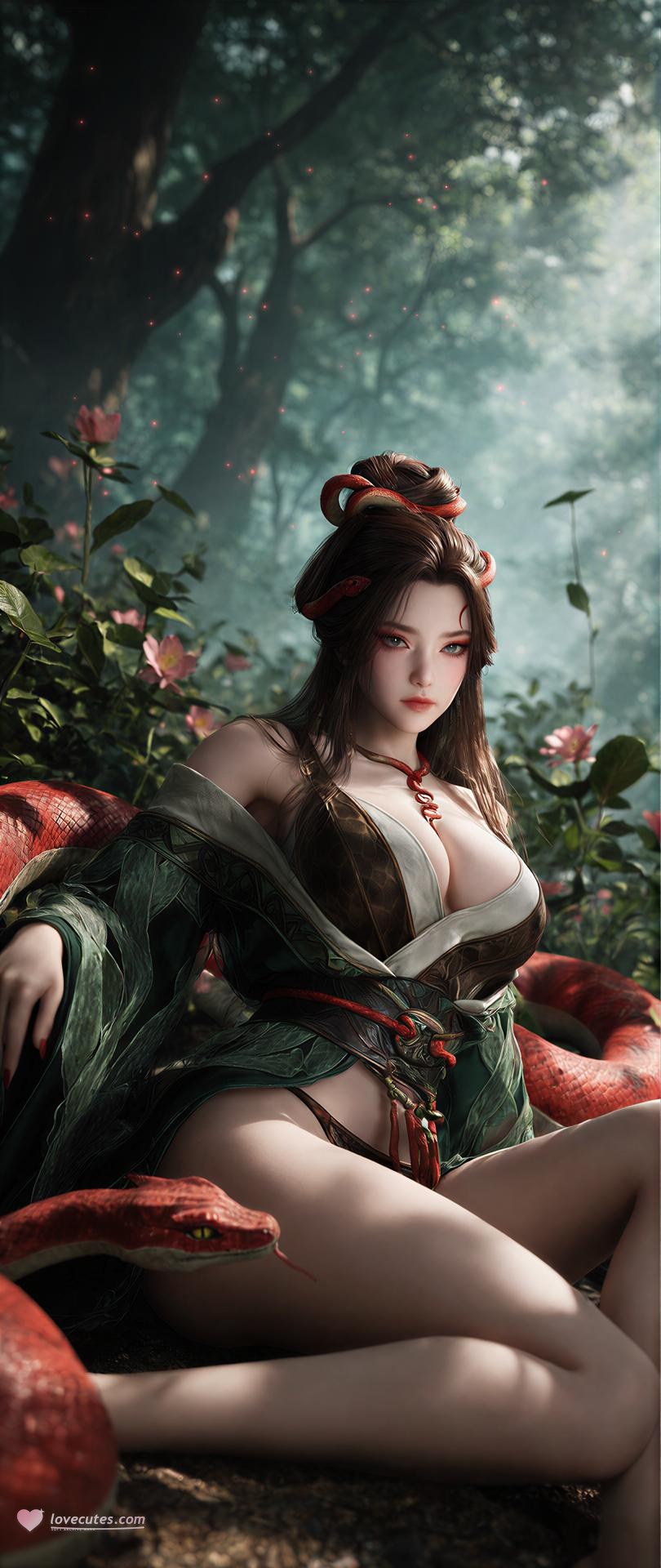 AI Porn - 용교남 숲 뱀 모티브 고전의상 상반신 노출 숲 장면, 뱀 모티브 고전의상, 상반신 노출 AI 이미지 갤러리 162P