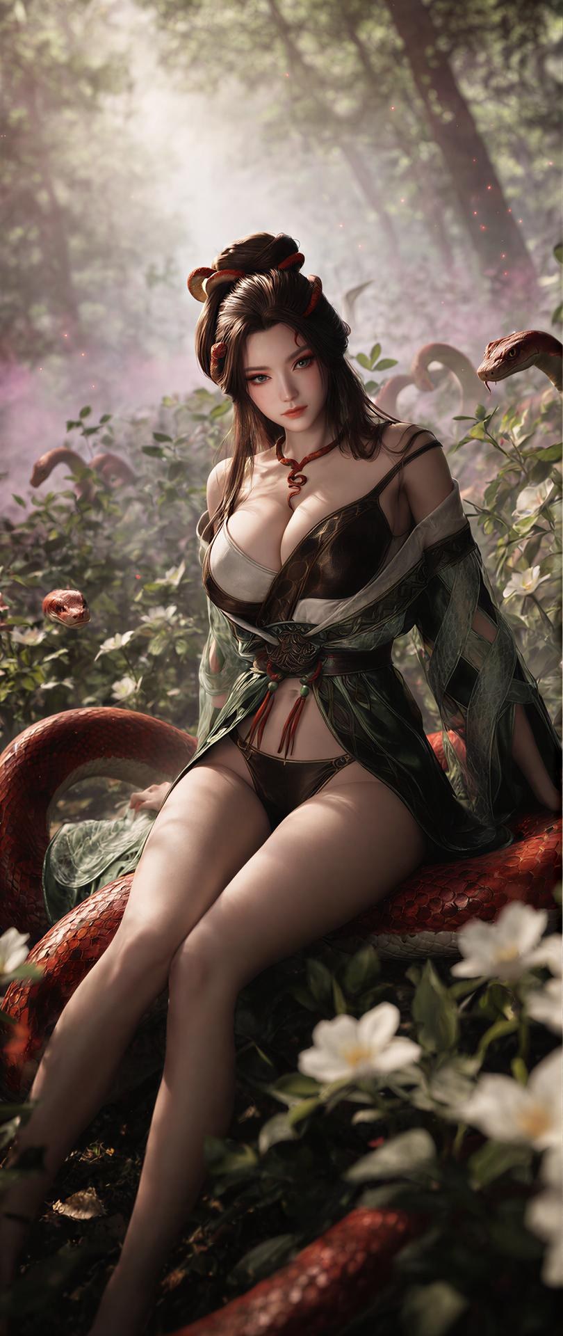 AI Porn - 용교남 숲 뱀 모티브 고전의상 상반신 노출 숲 장면, 뱀 모티브 고전의상, 상반신 노출 AI 이미지 갤러리 162P