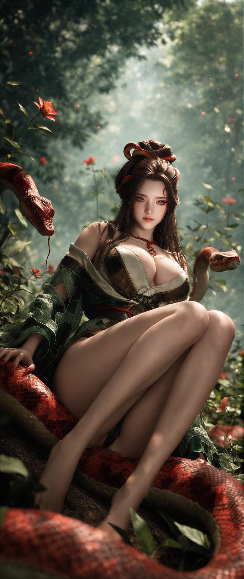 AI Porn - 용교남 숲 뱀 모티브 고전의상 상반신 노출 숲 장면, 뱀 모티브 고전의상, 상반신 노출 AI 이미지 갤러리 162P