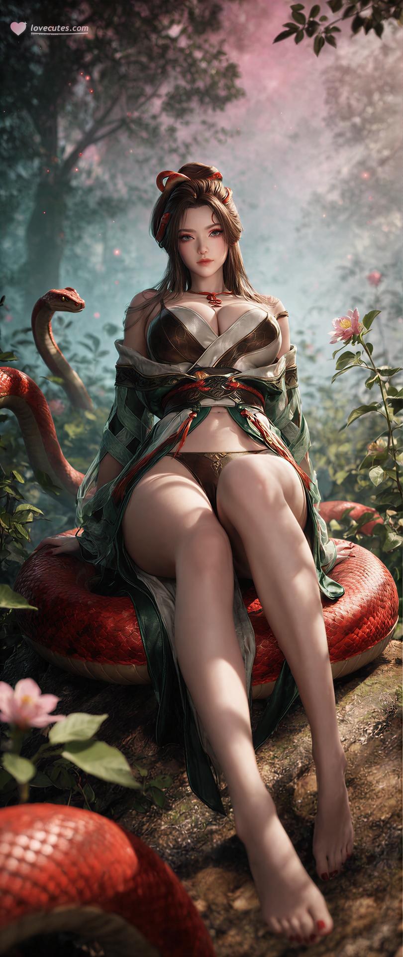 AI Porn - 용교남 숲 뱀 모티브 고전의상 상반신 노출 숲 장면, 뱀 모티브 고전의상, 상반신 노출 AI 이미지 갤러리 162P