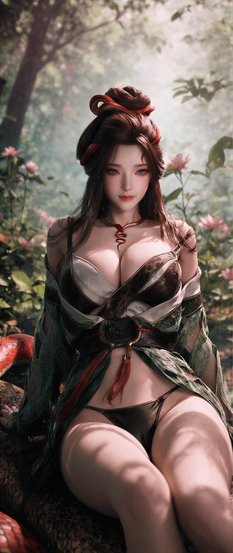 AI Porn - 용교남 숲 뱀 모티브 고전의상 상반신 노출 숲 장면, 뱀 모티브 고전의상, 상반신 노출 AI 이미지 갤러리 162P