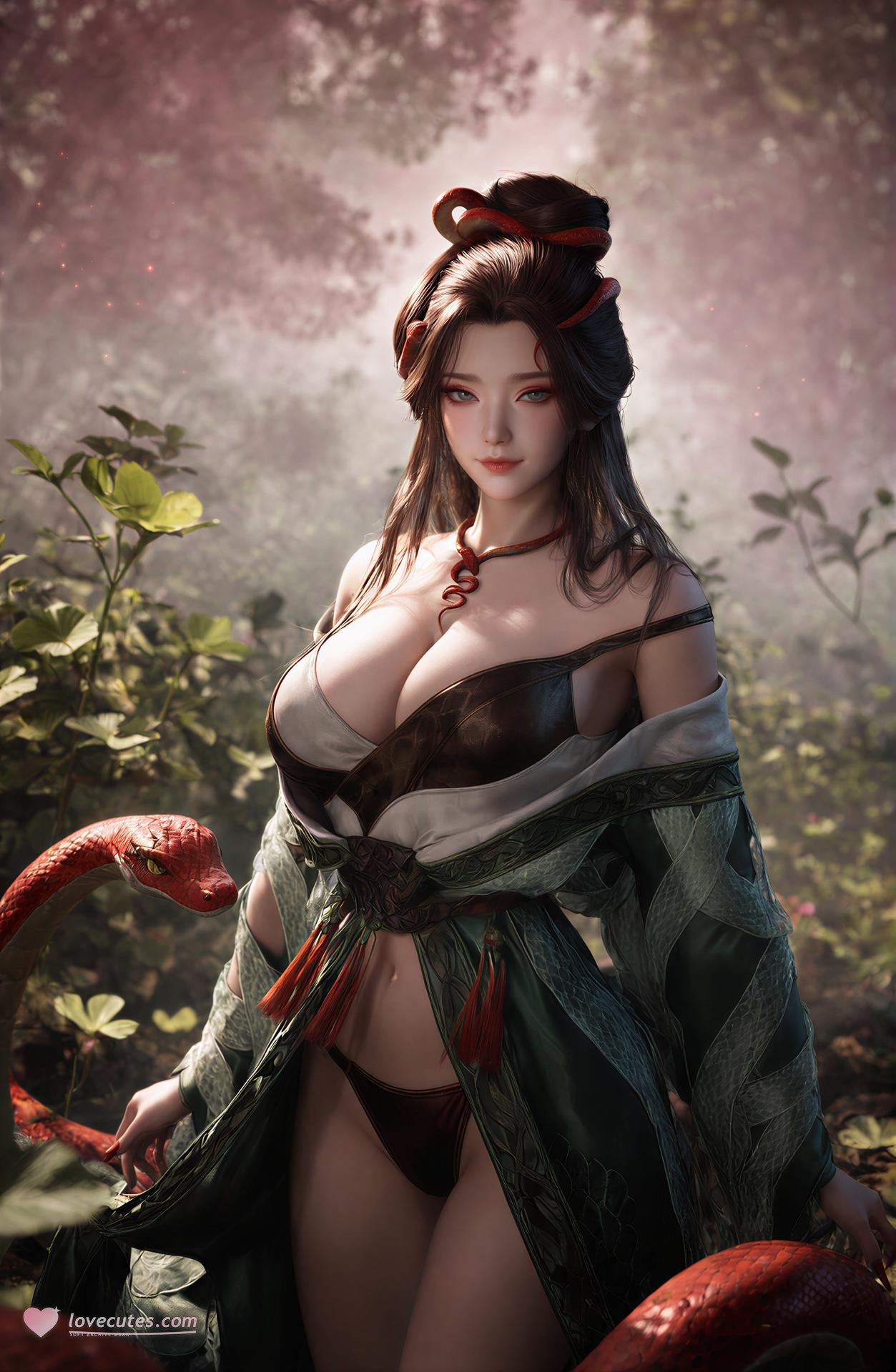 AI Porn - 용교남 숲 뱀 모티브 고전의상 상반신 노출 숲 장면, 뱀 모티브 고전의상, 상반신 노출 AI 이미지 갤러리 162P