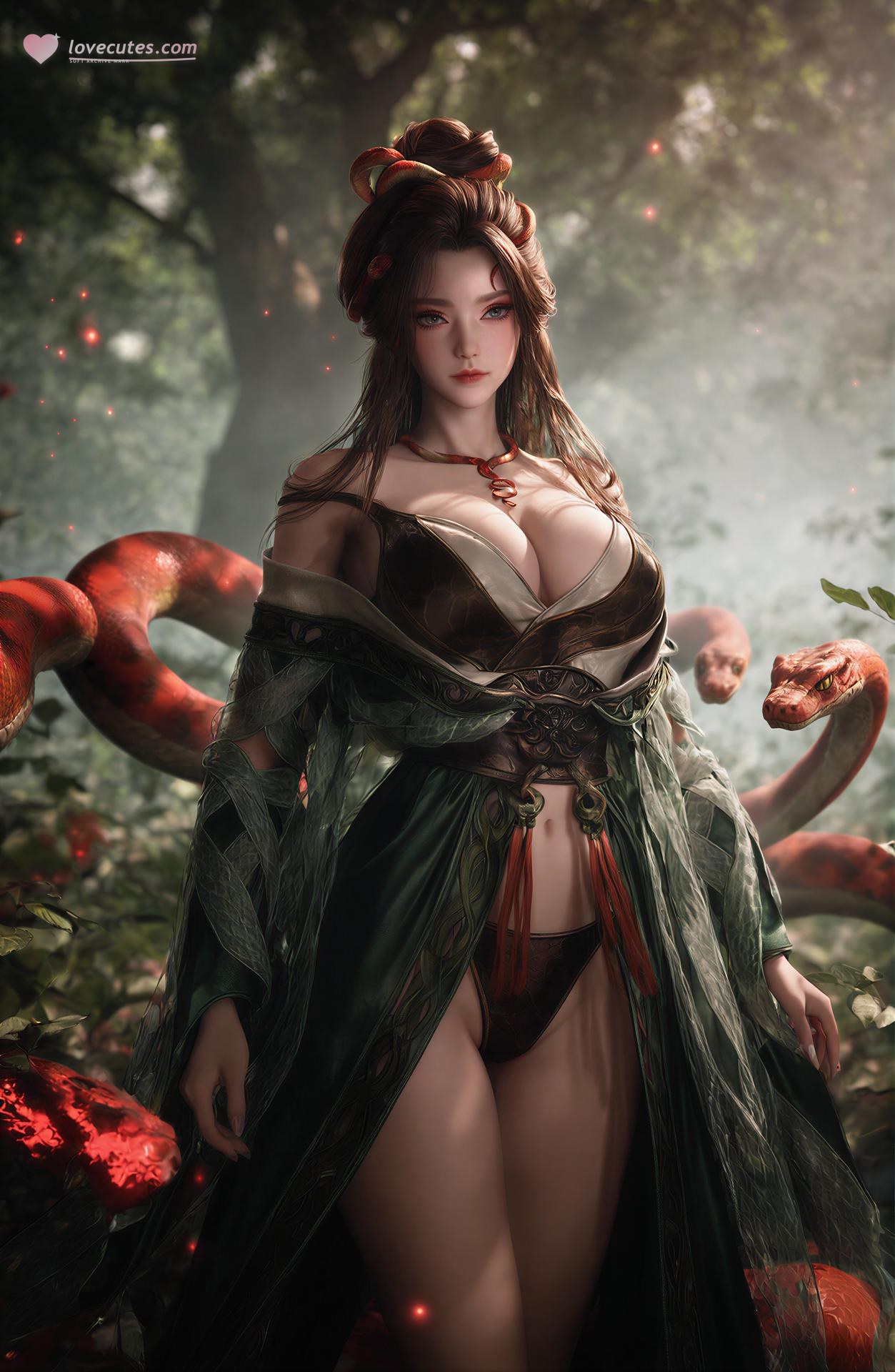 AI Porn - 용교남 숲 뱀 모티브 고전의상 상반신 노출 숲 장면, 뱀 모티브 고전의상, 상반신 노출 AI 이미지 갤러리 162P