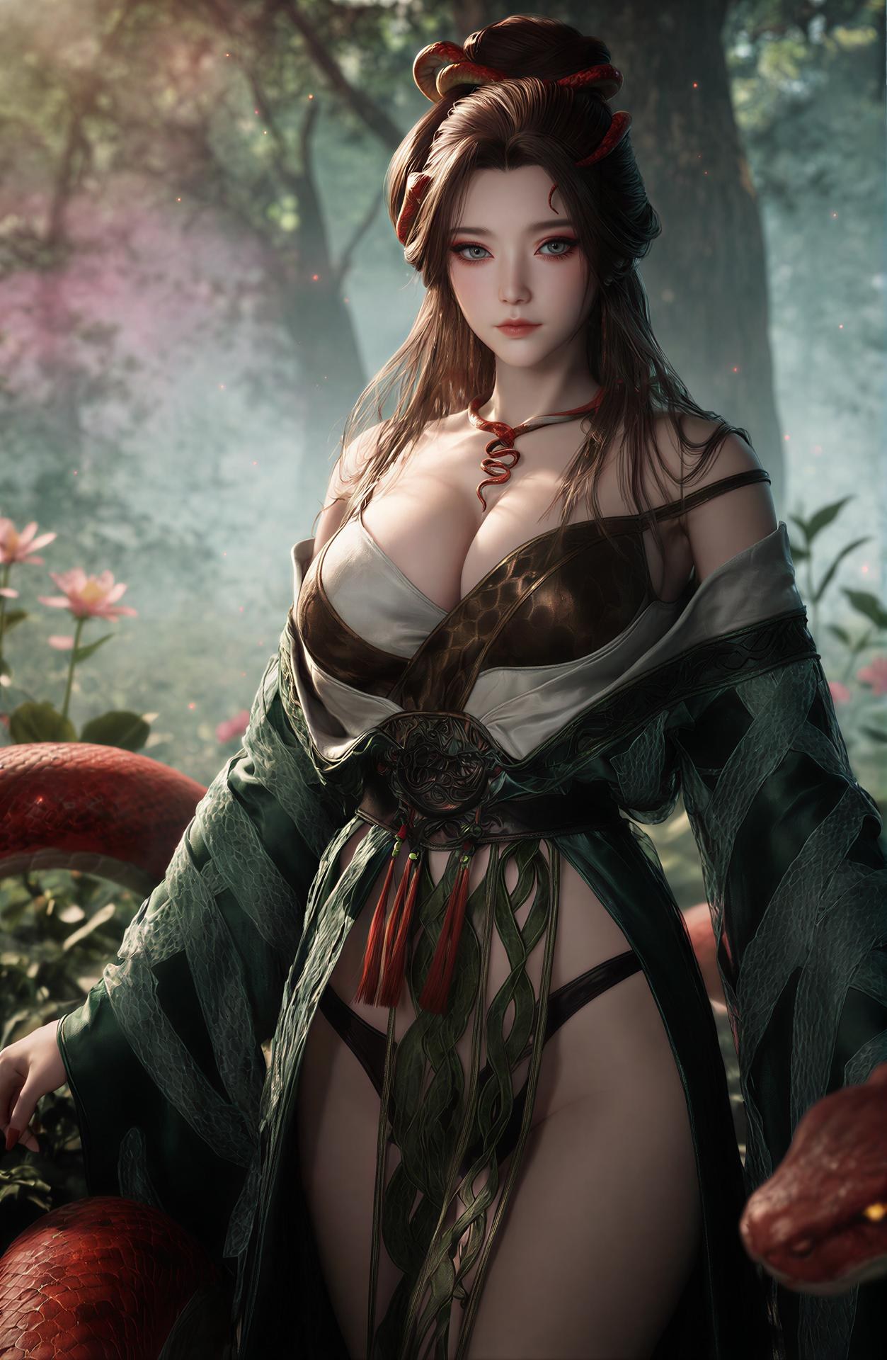 AI Porn - 용교남 숲 뱀 모티브 고전의상 상반신 노출 숲 장면, 뱀 모티브 고전의상, 상반신 노출 AI 이미지 갤러리 162P