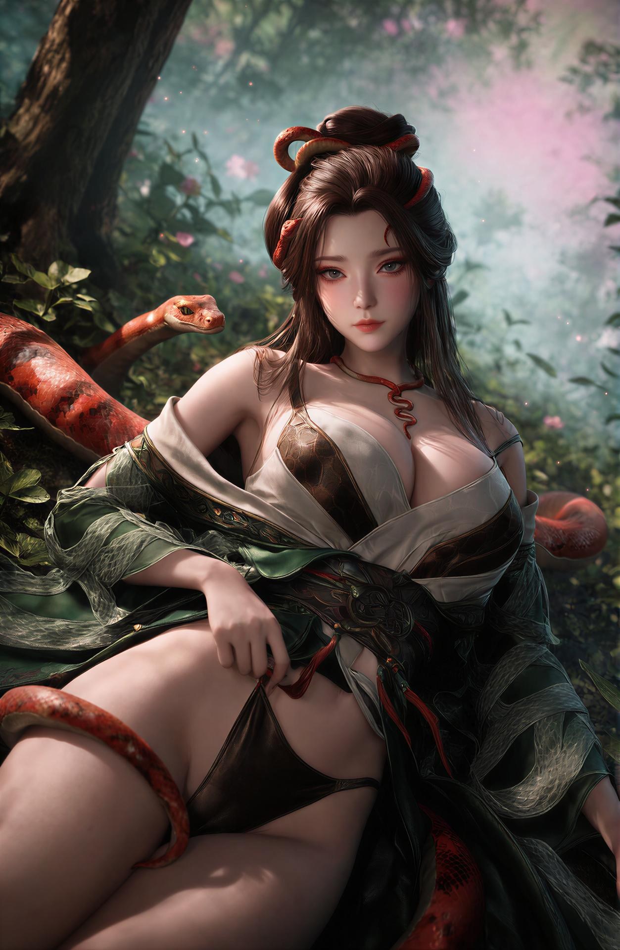 AI Porn - 용교남 숲 뱀 모티브 고전의상 상반신 노출 숲 장면, 뱀 모티브 고전의상, 상반신 노출 AI 이미지 갤러리 162P