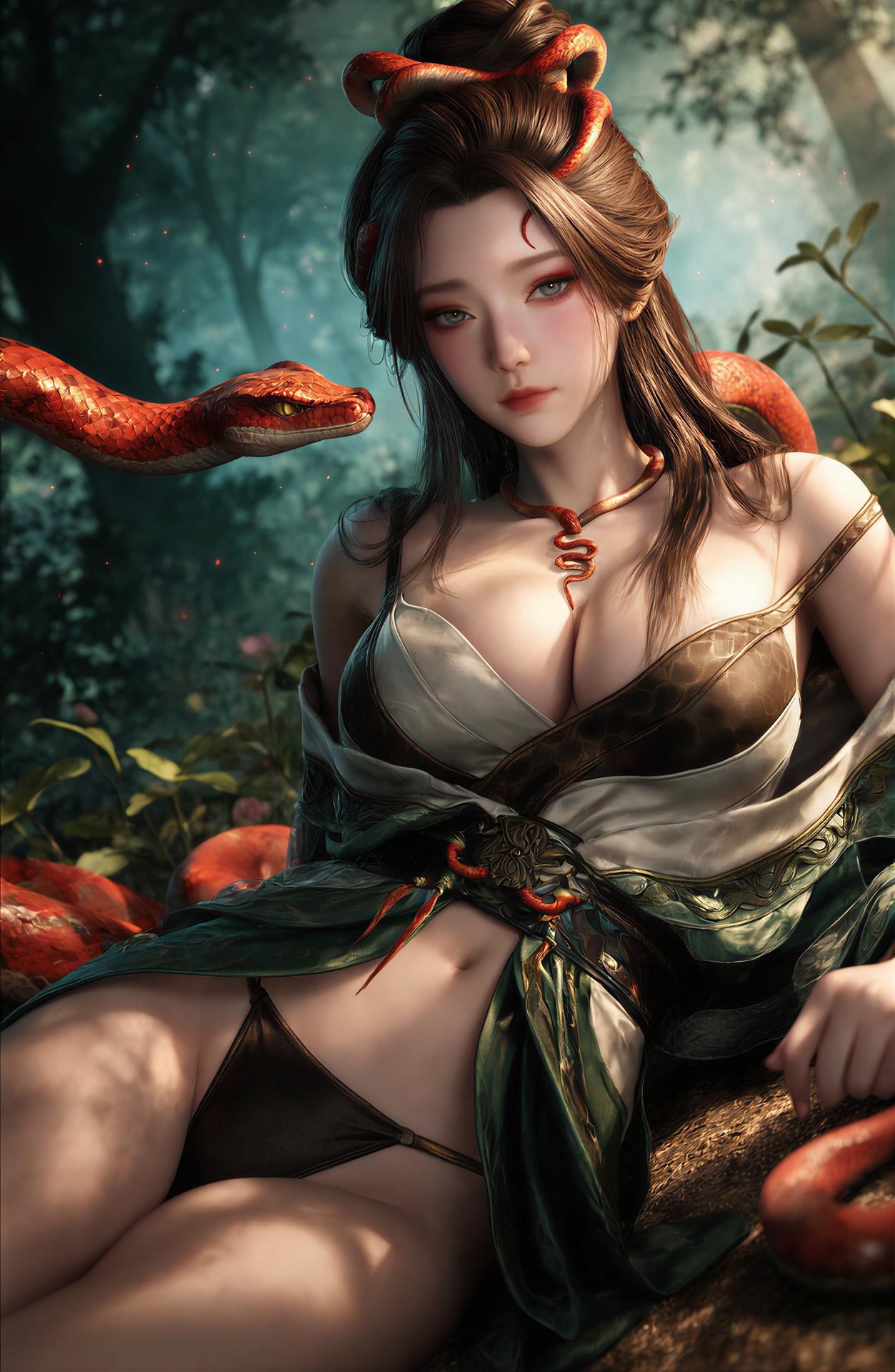 AI Porn - 용교남 숲 뱀 모티브 고전의상 상반신 노출 숲 장면, 뱀 모티브 고전의상, 상반신 노출 AI 이미지 갤러리 162P