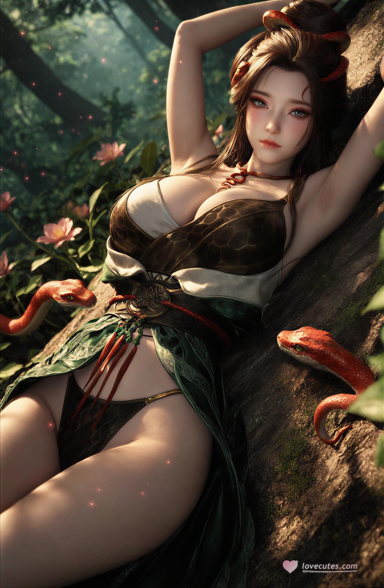 AI Porn - 용교남 숲 뱀 모티브 고전의상 상반신 노출 숲 장면, 뱀 모티브 고전의상, 상반신 노출 AI 이미지 갤러리 162P