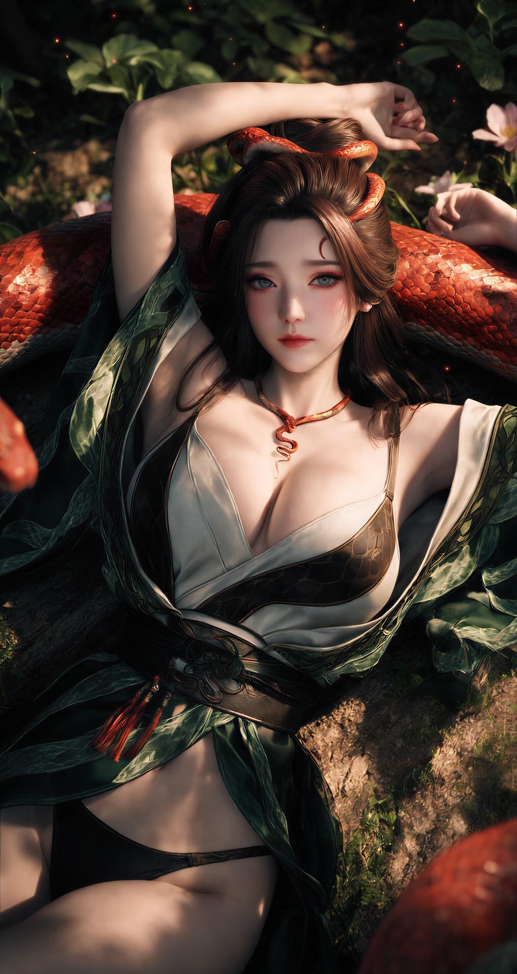AI Porn - 용교남 숲 뱀 모티브 고전의상 상반신 노출 숲 장면, 뱀 모티브 고전의상, 상반신 노출 AI 이미지 갤러리 162P