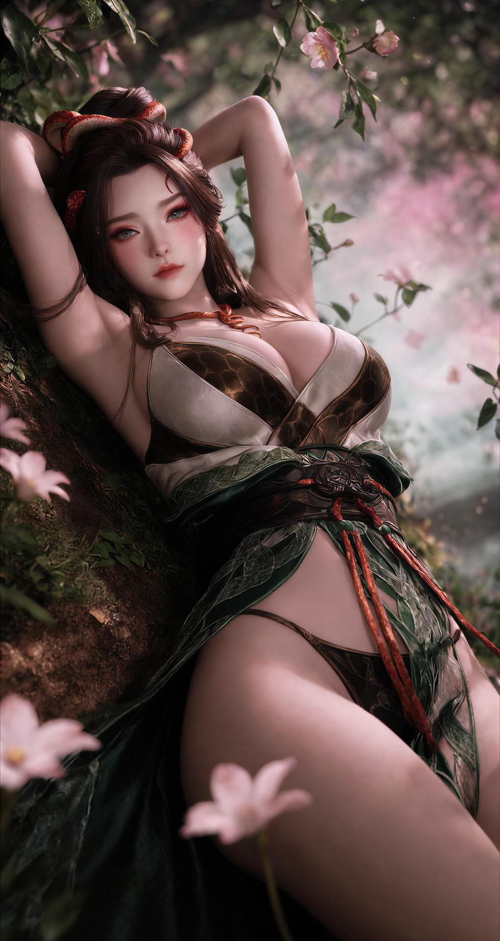 AI Porn - 용교남 숲 뱀 모티브 고전의상 상반신 노출 숲 장면, 뱀 모티브 고전의상, 상반신 노출 AI 이미지 갤러리 162P