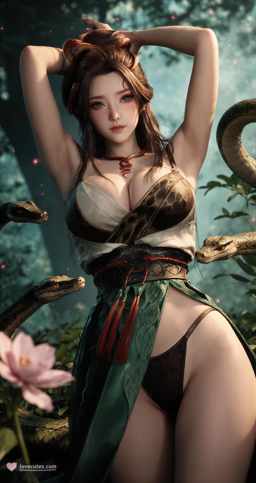 AI Porn - 용교남 숲 뱀 모티브 고전의상 상반신 노출 숲 장면, 뱀 모티브 고전의상, 상반신 노출 AI 이미지 갤러리 162P