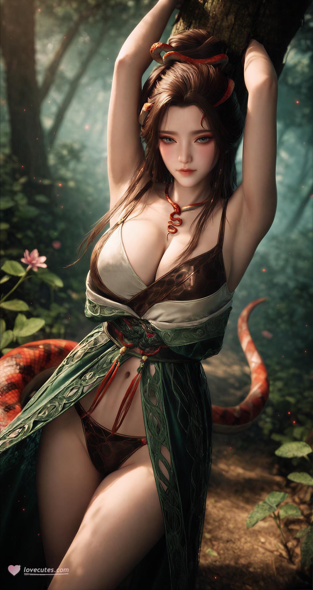 AI Porn - 용교남 숲 뱀 모티브 고전의상 상반신 노출 숲 장면, 뱀 모티브 고전의상, 상반신 노출 AI 이미지 갤러리 162P