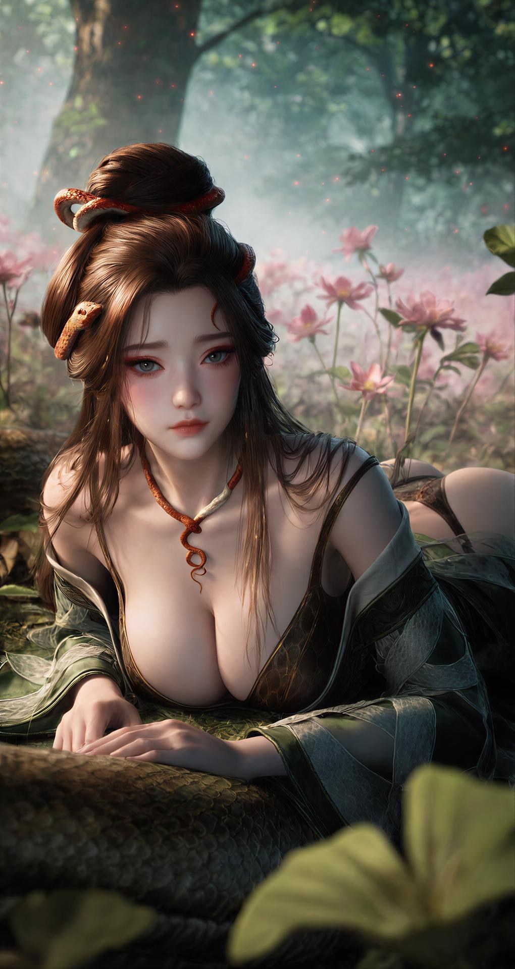 AI Porn - 용교남 숲 뱀 모티브 고전의상 상반신 노출 숲 장면, 뱀 모티브 고전의상, 상반신 노출 AI 이미지 갤러리 162P