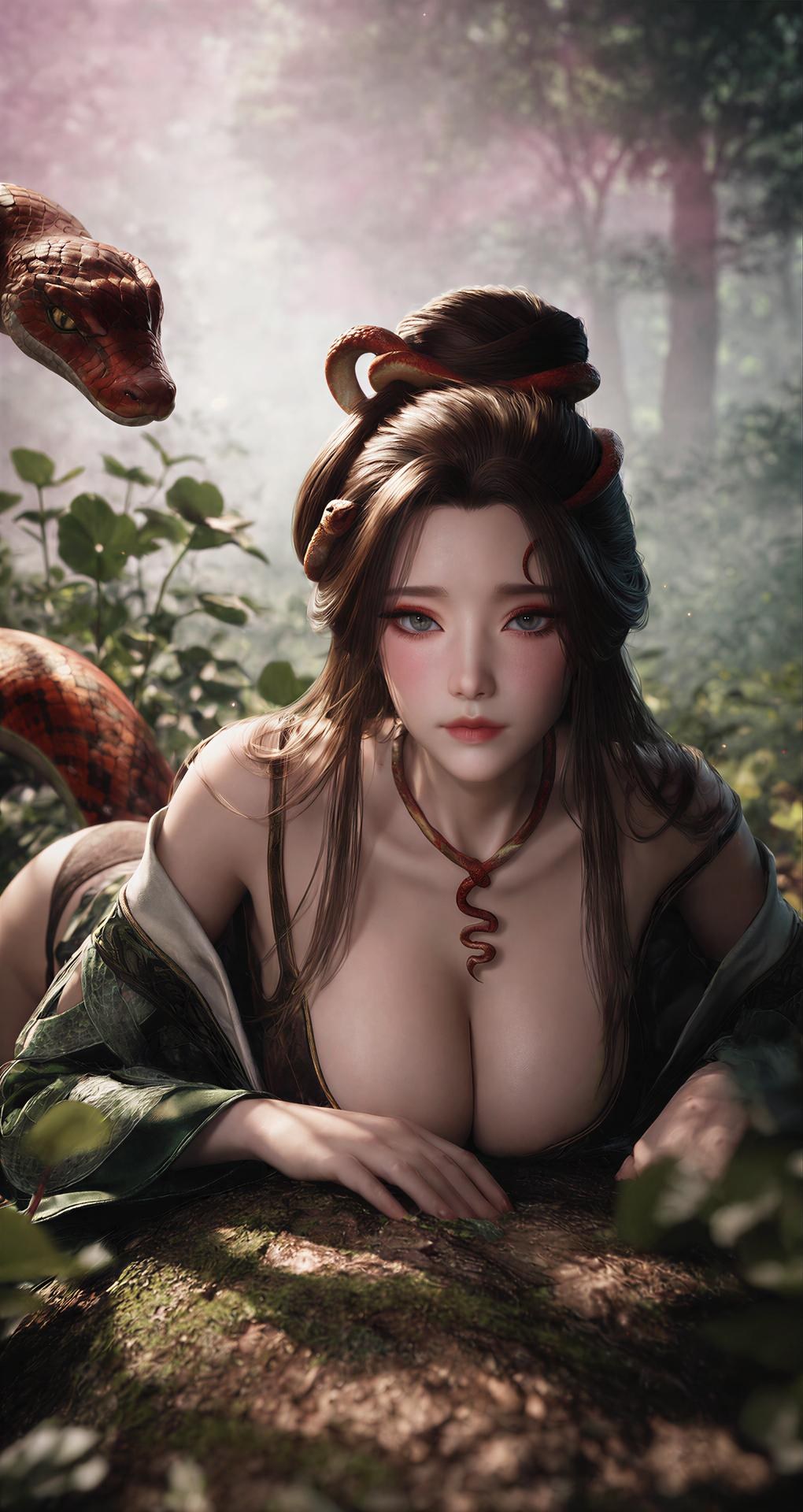 AI Porn - 용교남 숲 뱀 모티브 고전의상 상반신 노출 숲 장면, 뱀 모티브 고전의상, 상반신 노출 AI 이미지 갤러리 162P